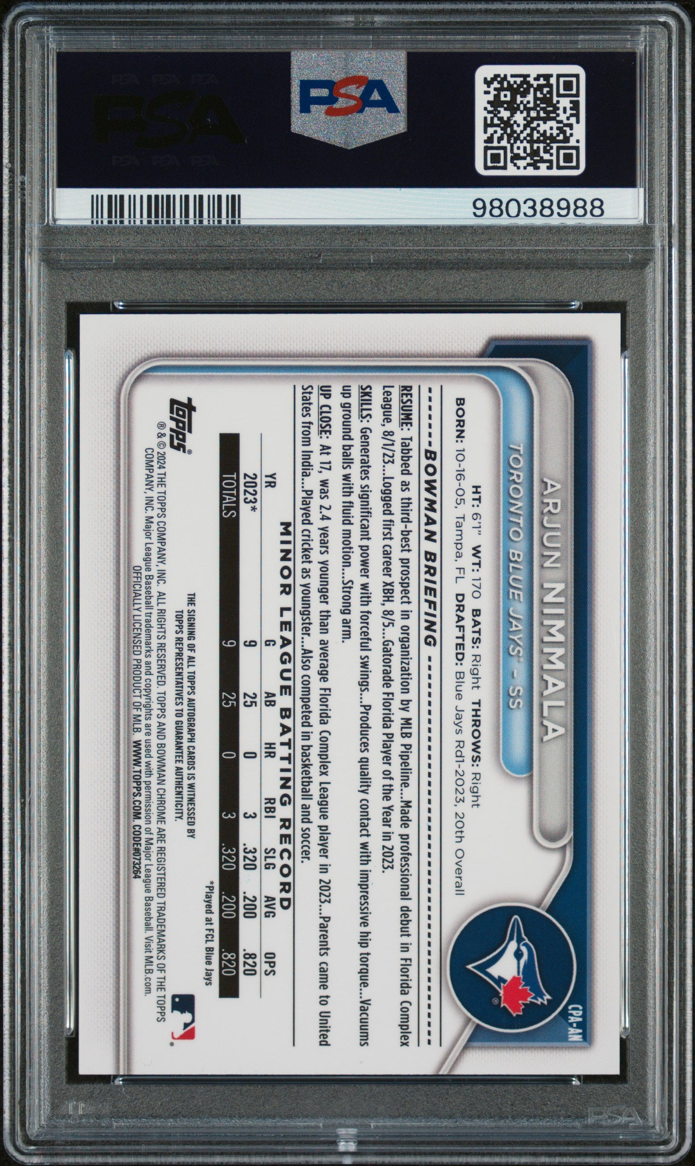 2024 Bowman Arjun Nimmala Chrome Auto PSA 9