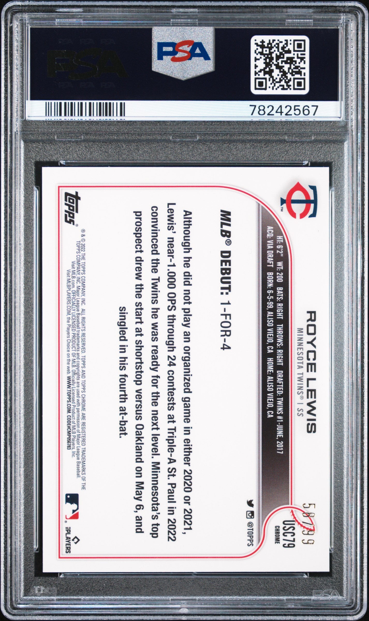 2022 Topps Chrome Update Royce Lewis Rookie X-Fractor 58/99 PSA 9 RC