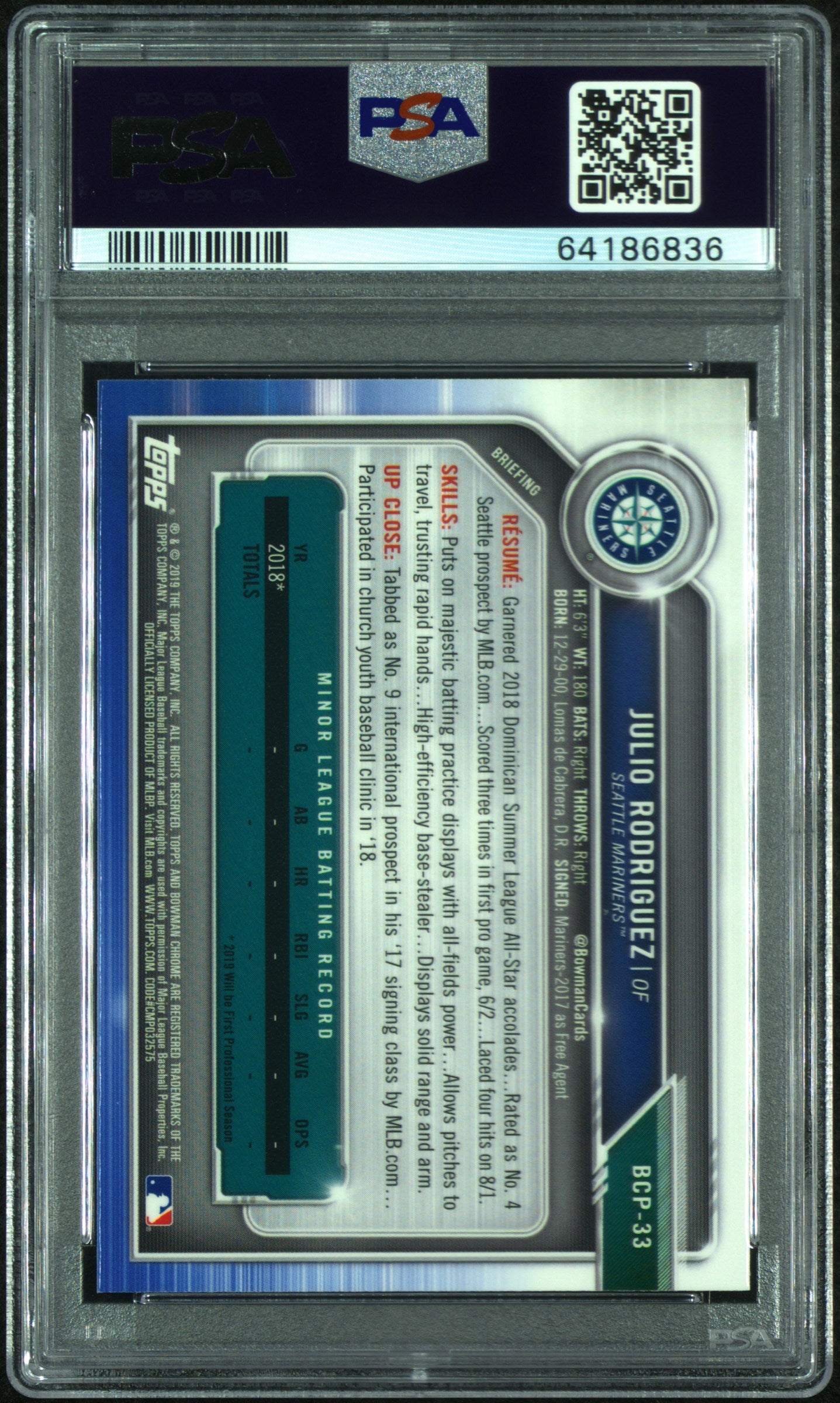 2019 Bowman Julio Rodriguez Prospects Chrome PSA 10