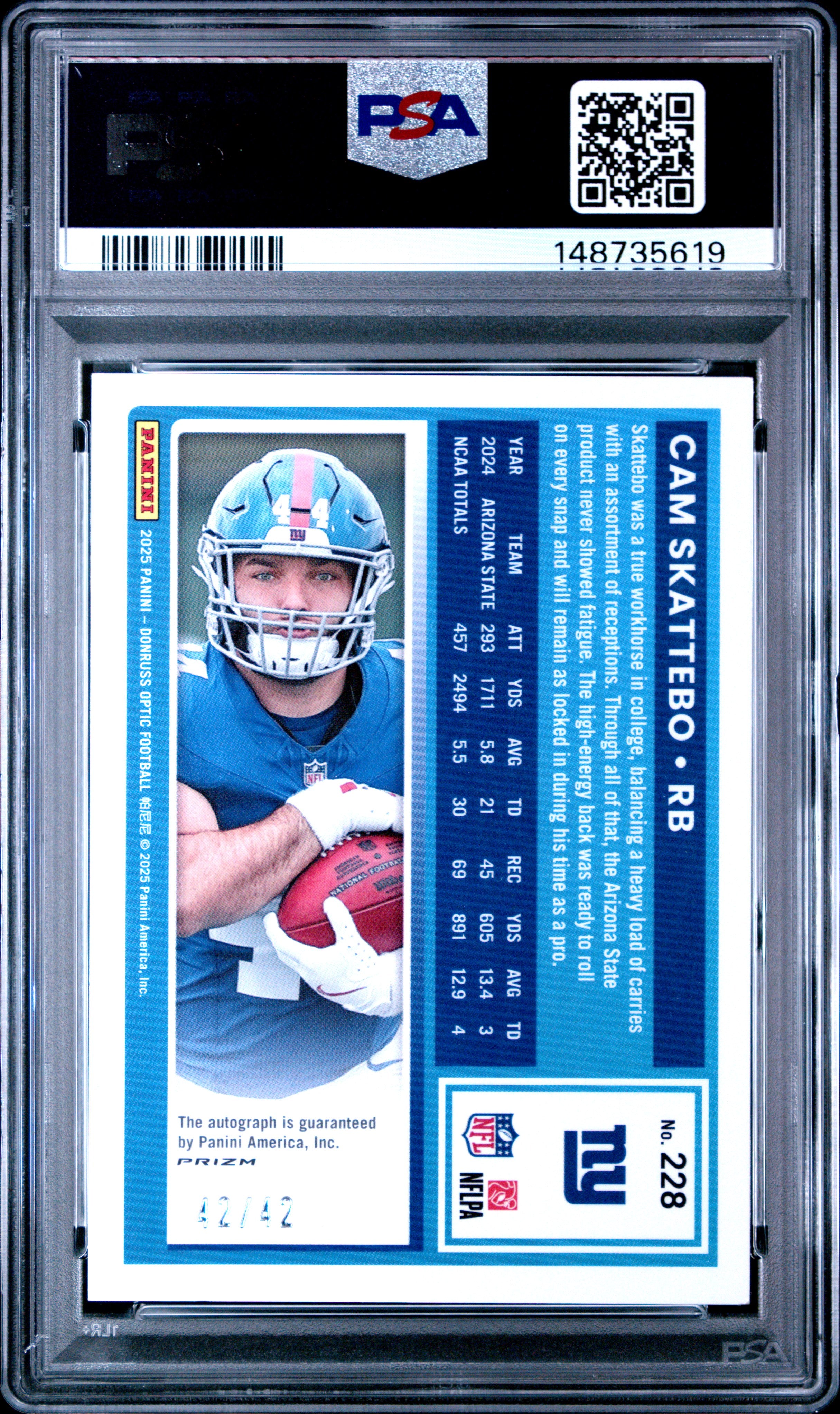 2025 Panini Donruss Optic Cam Skattebo #228 Autograph Purple Stars PSA 10