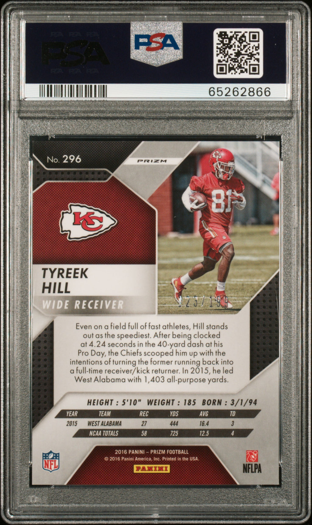 2016 Panini Prizm Tyreek Hill #296 Light Blue PSA 10