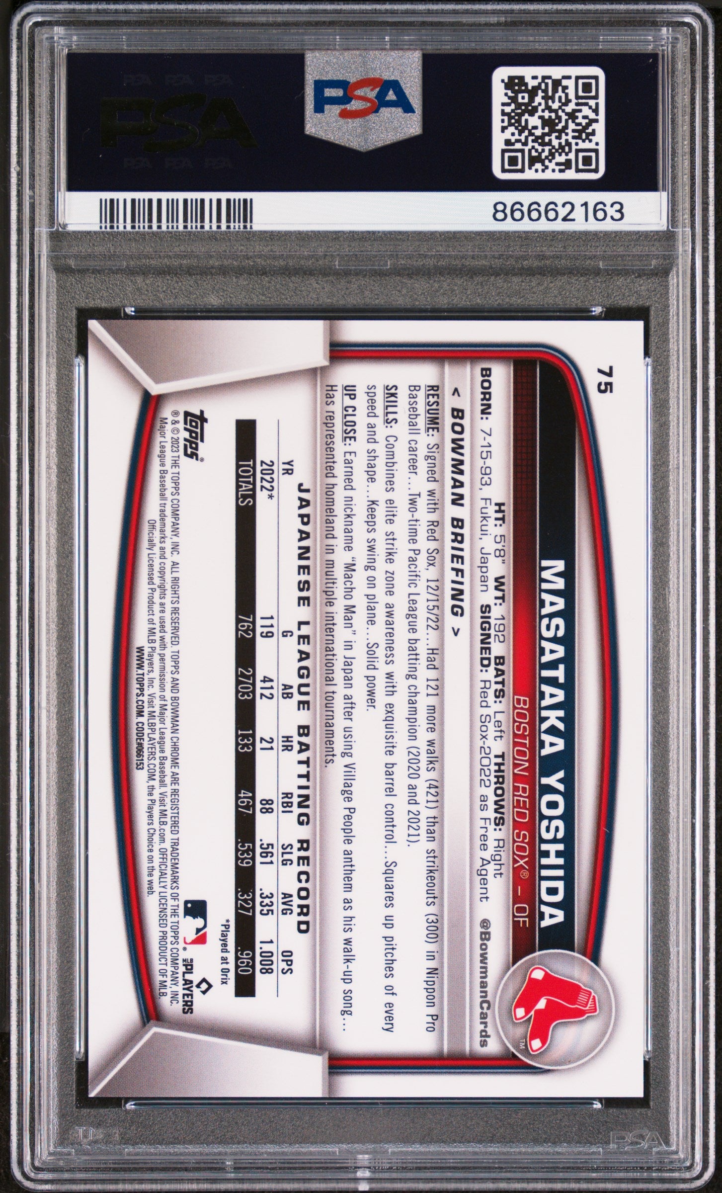 2023 Bowman Chrome Sapphire Masataka Yoshida Rookie SP Orange 25/75 PSA 9
