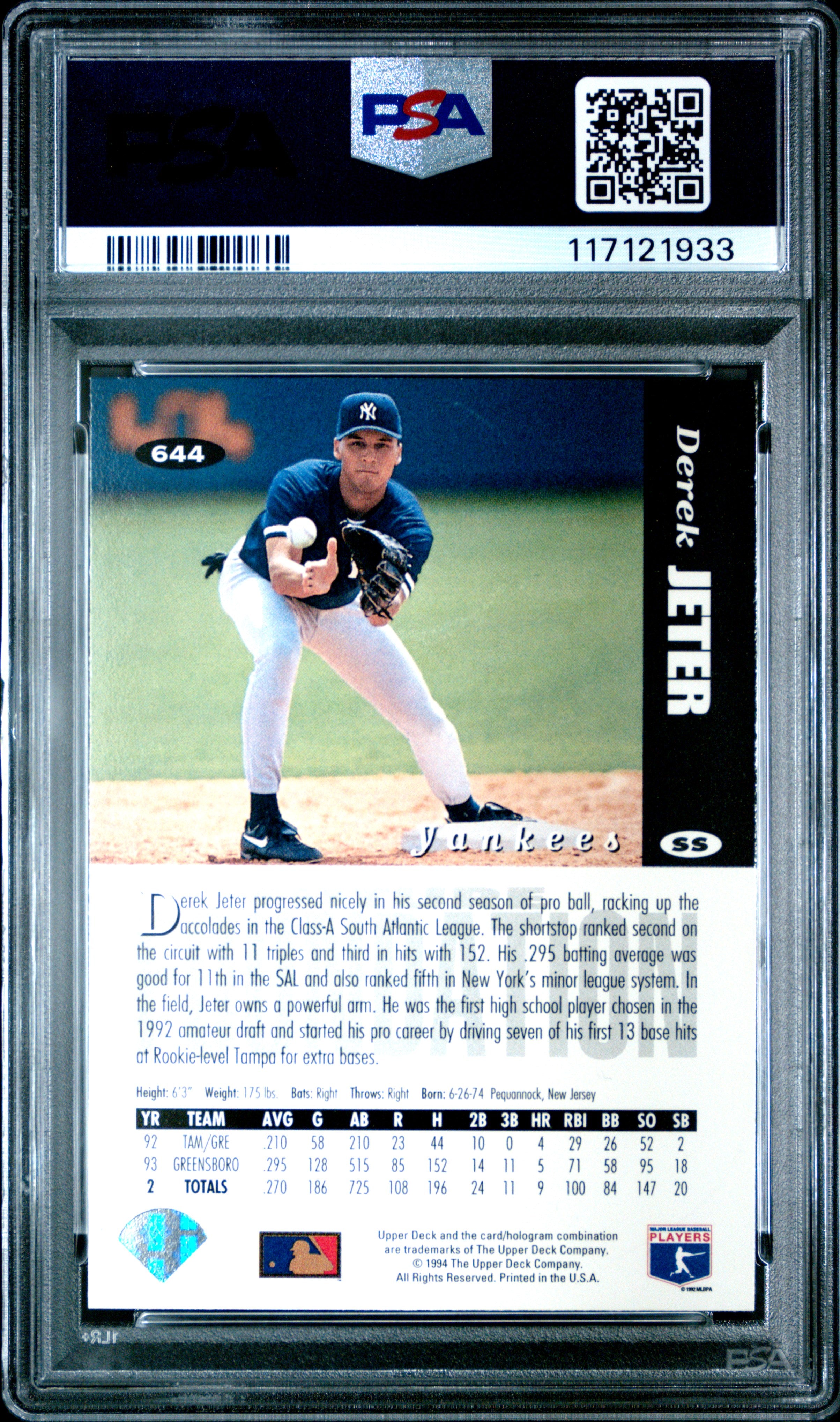 1994 Collector's Choice Derek Jeter White Letter Varition PSA 9