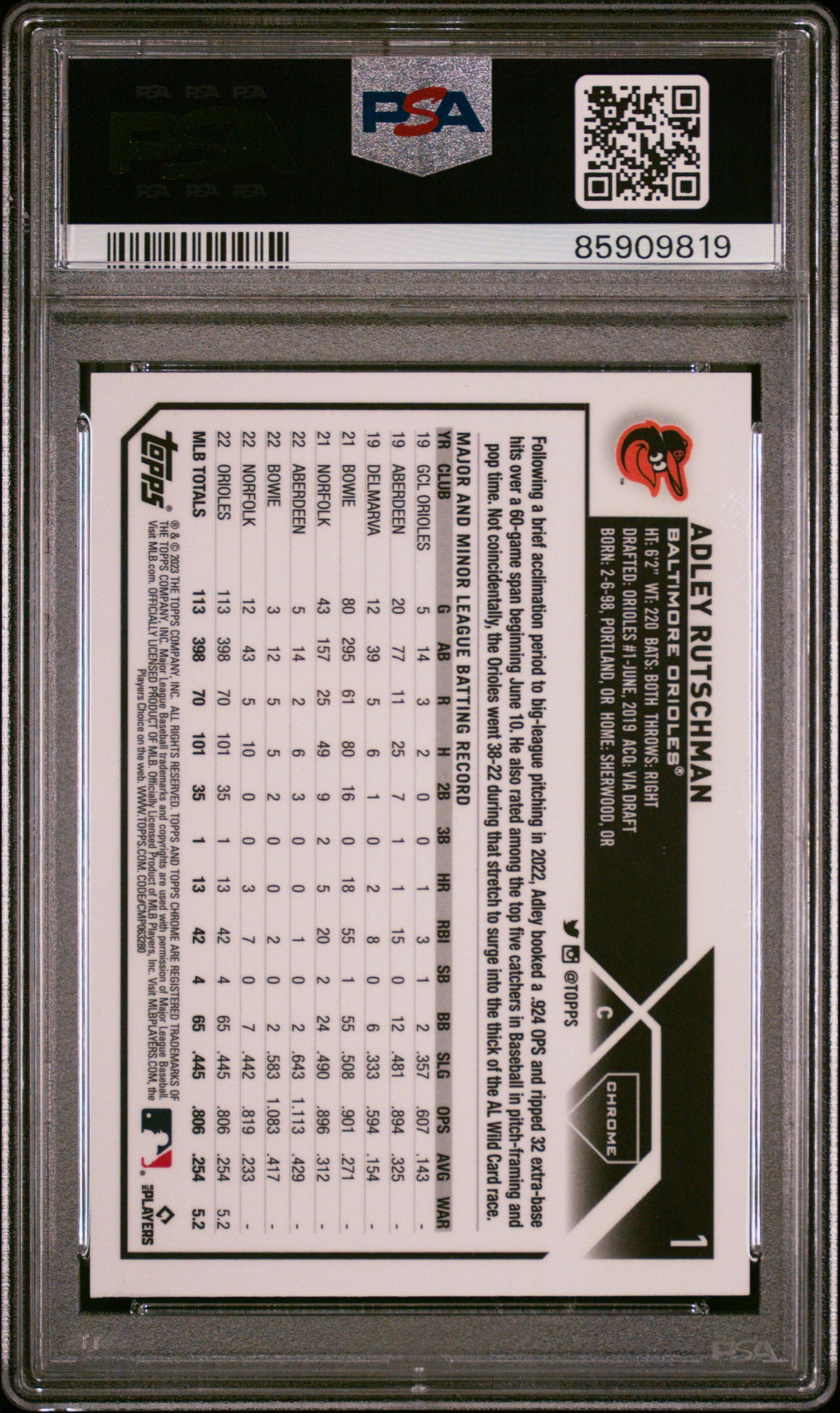 2023 Topps Chrome Logofractor Adley Rutschman Rookie Blue 96/150 PSA 10 RC