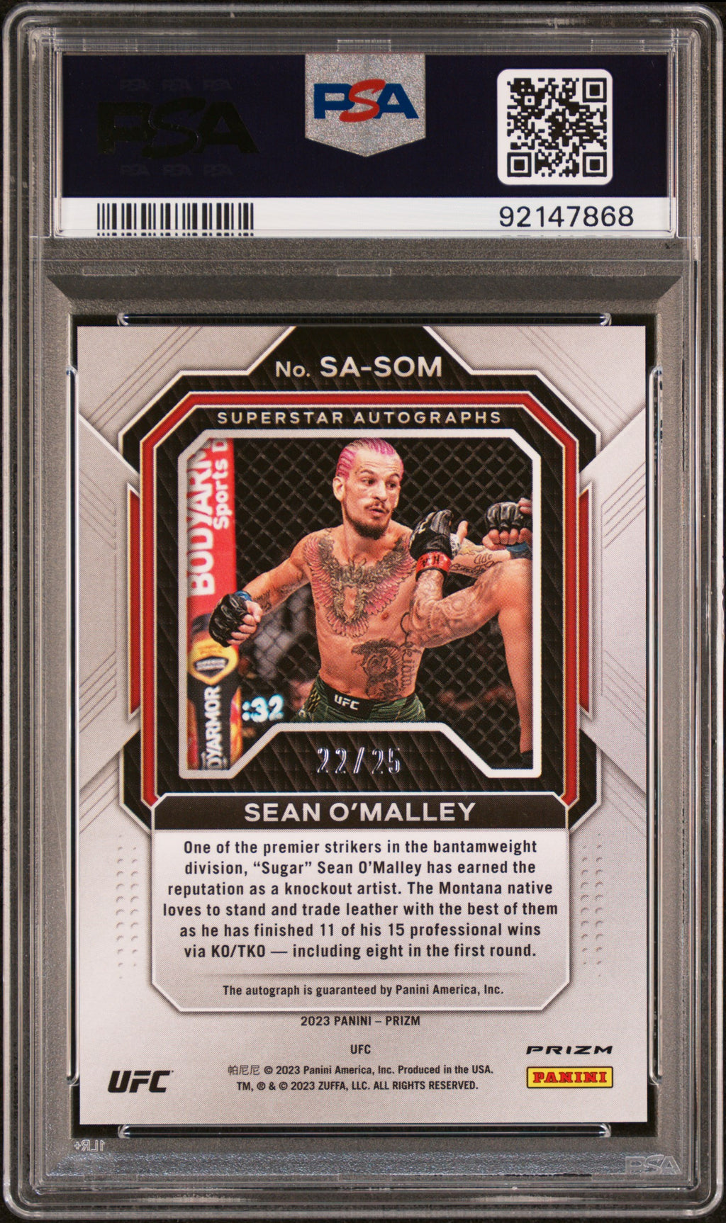 2023 Prizm UFC Sean O'Malley Superstar Auto Green Pulsar 22/25 PSA 10