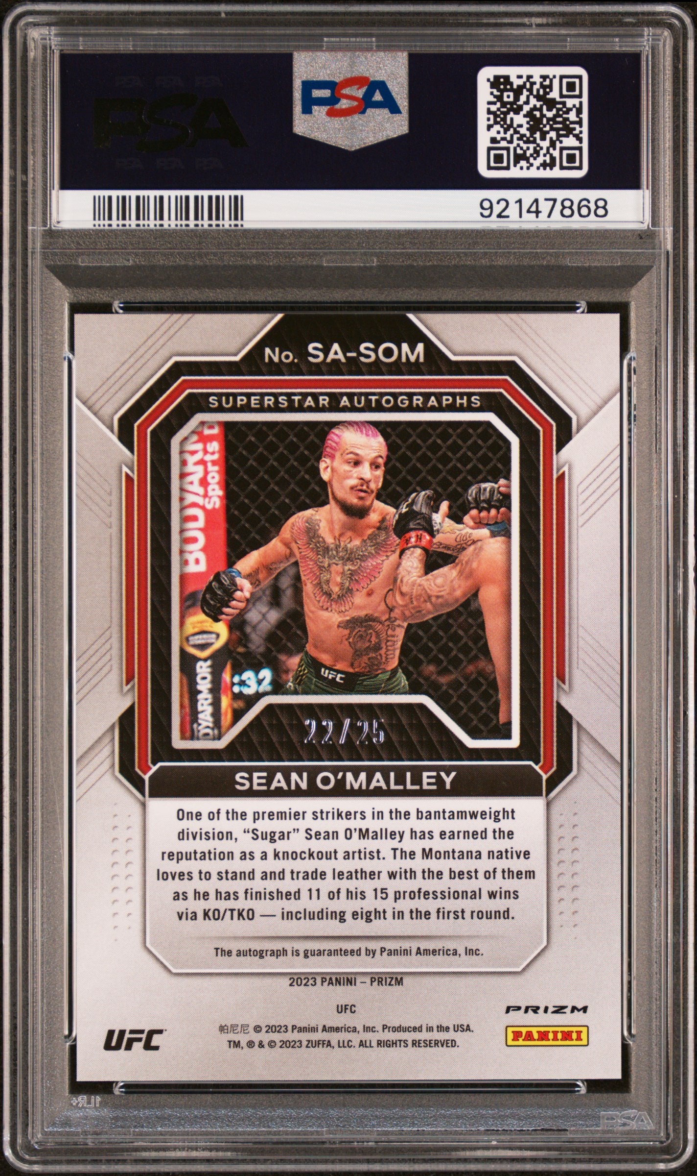 2023 Prizm UFC Sean O'Malley Superstar Auto Green Pulsar 22/25 PSA 10