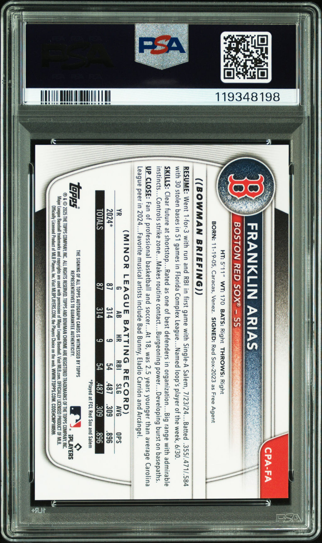 2025 Bowman Franklin Arias Chrome Auto PSA 9