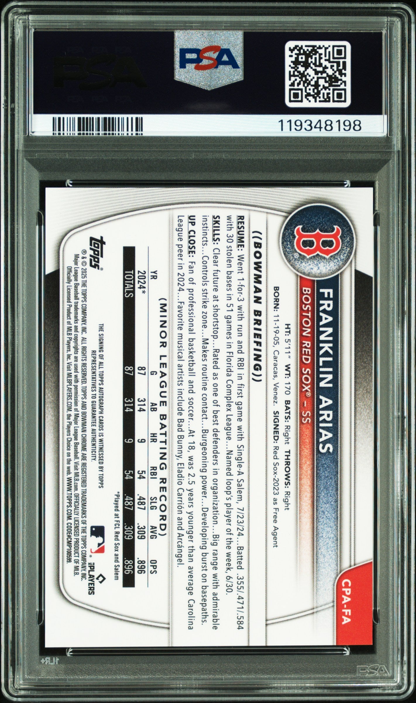 2025 Bowman Franklin Arias Chrome Auto PSA 9