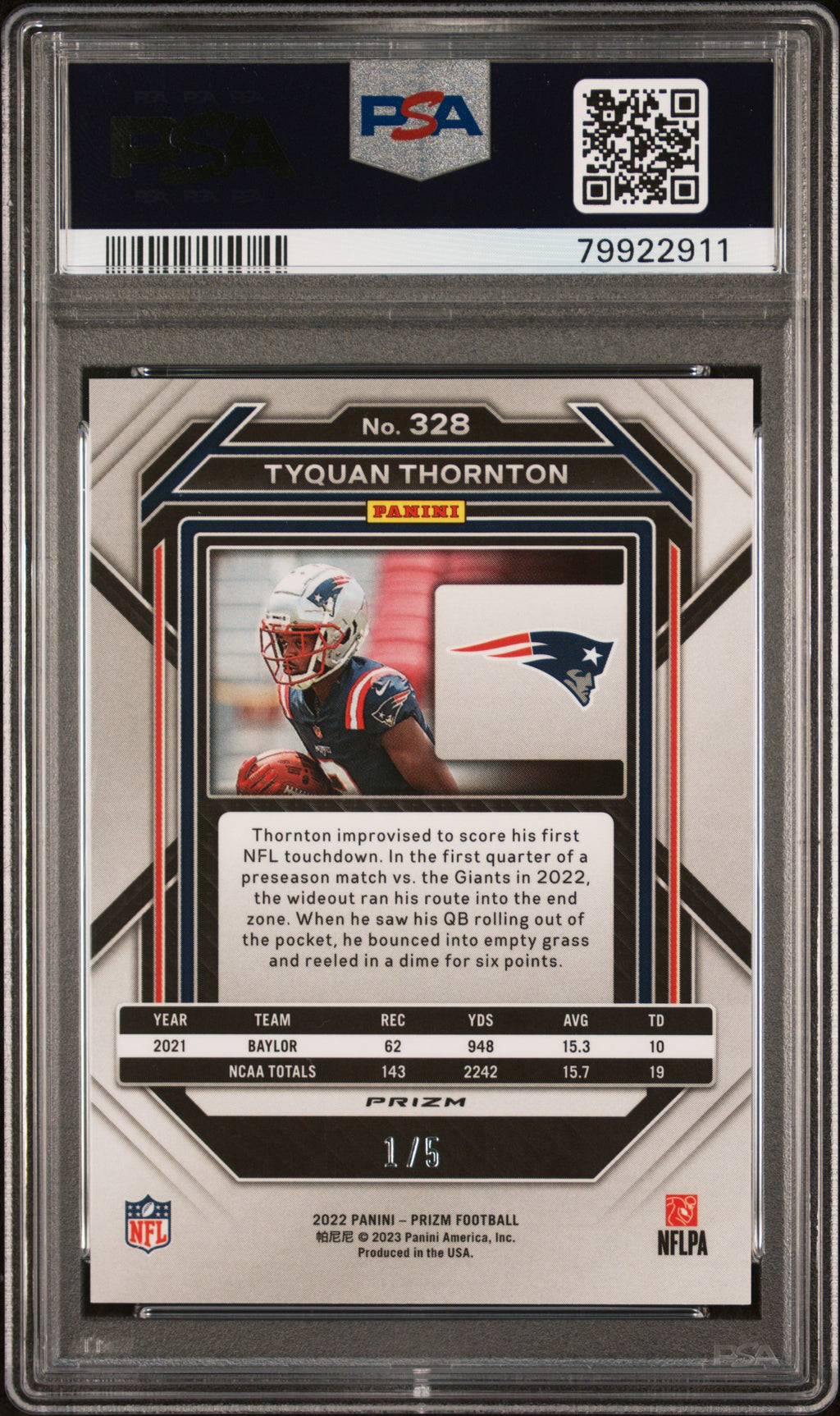 2022 Prizm Tyquan Thornton Rookie Gold Vinyl 1/5 PSA 10 RC