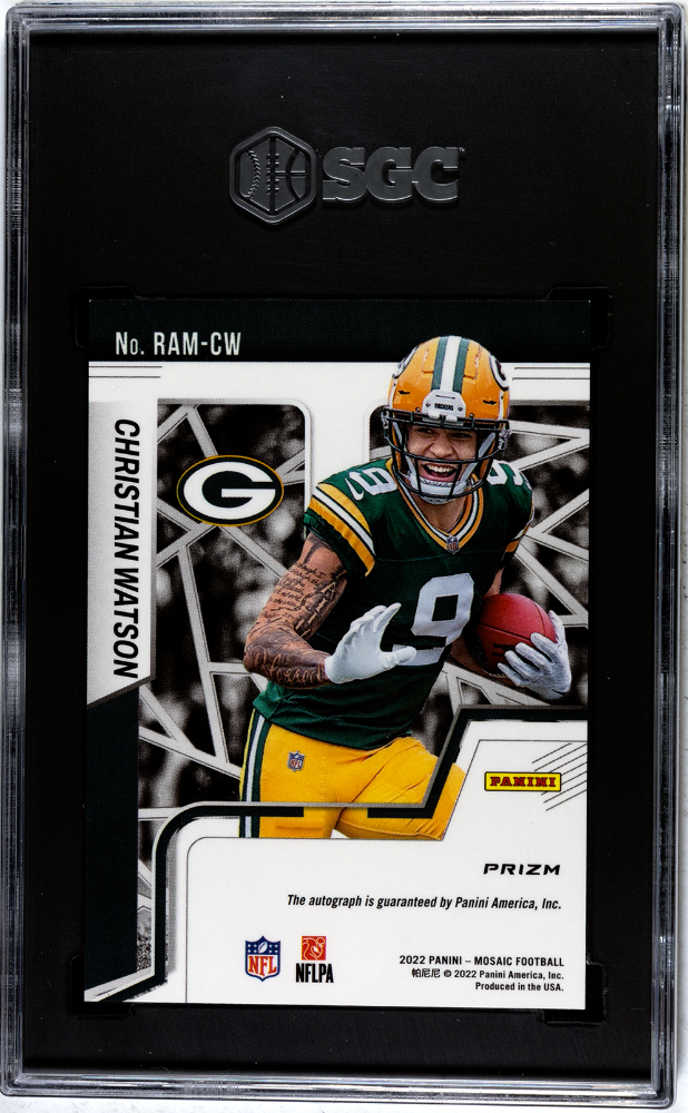 2022 Panini Mosaic Christian Watson #RAM-CW Rookie Autos. Red Prizm SGC 9.5 Auto 10