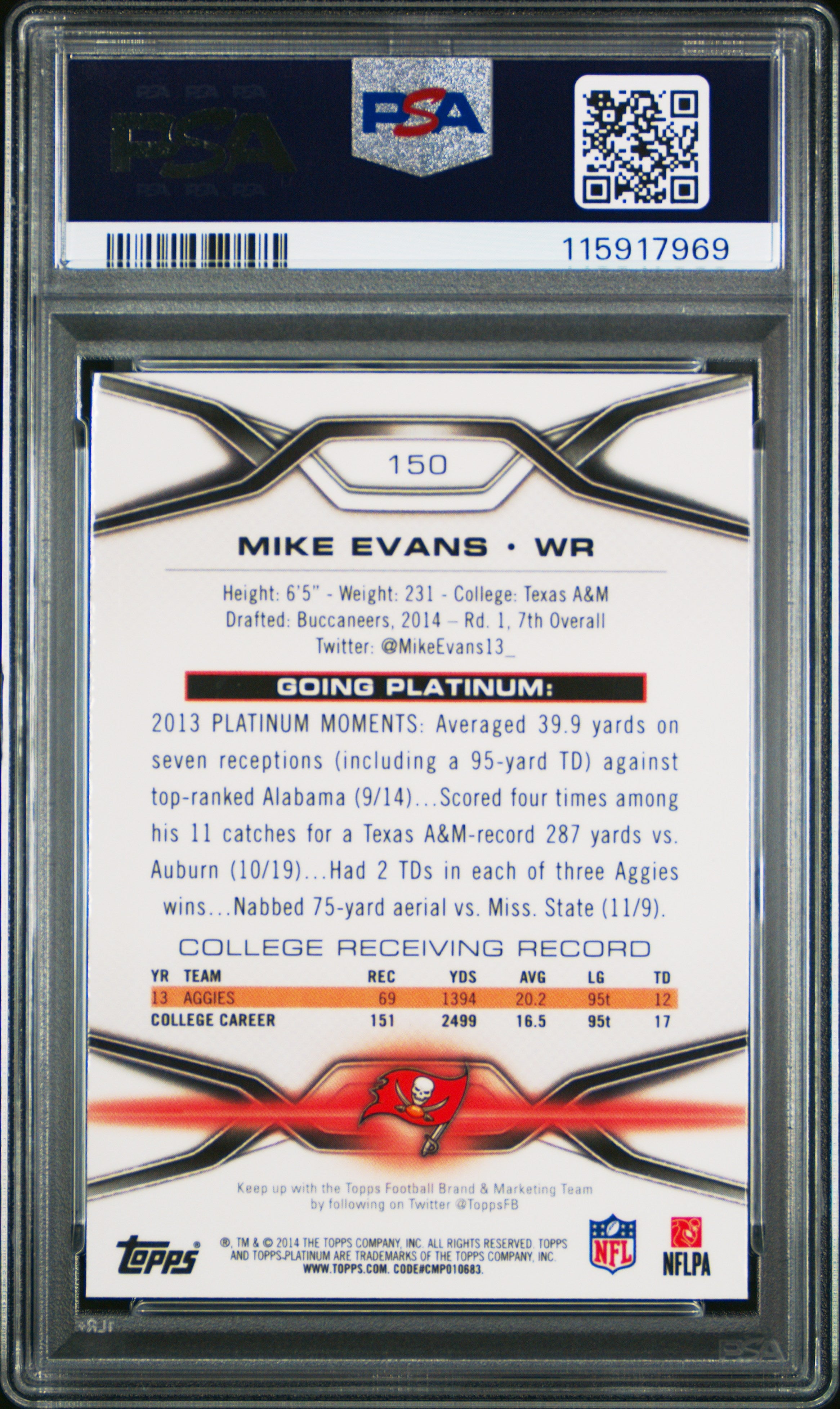 2014 Topps Platinum Mike Evans #150 PSA 10