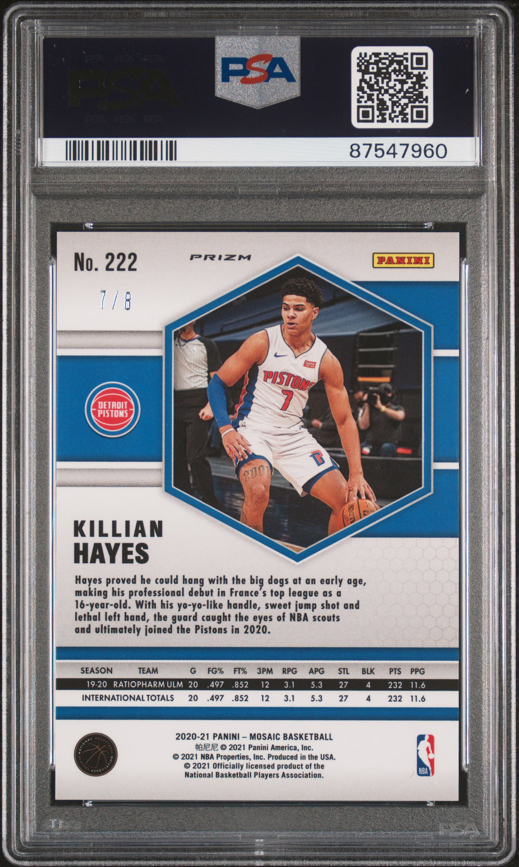 2020 Mosaic Killian Hayes Rookie Black Gold Choice 7/8 PSA 10 RC