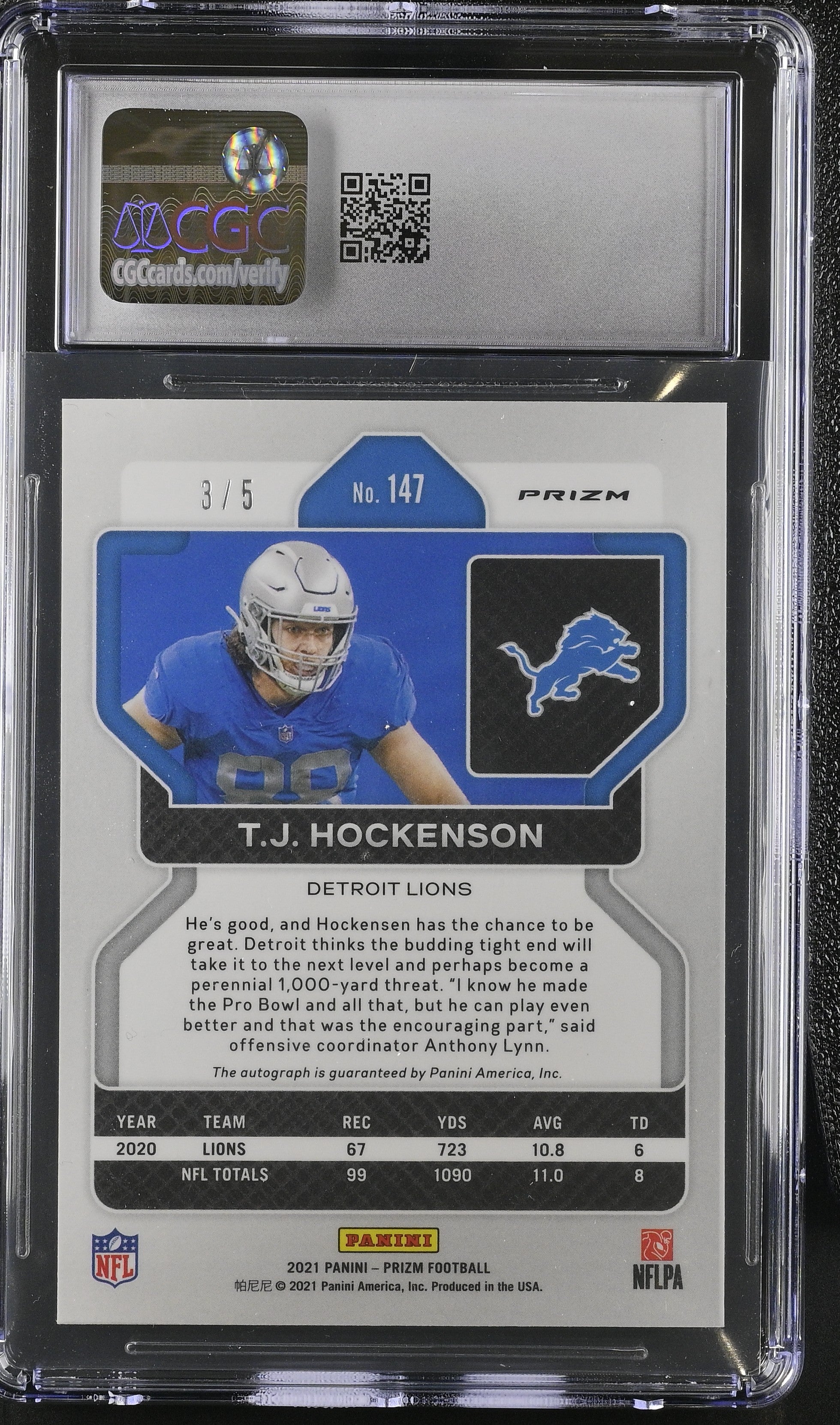 2021 Prizm T.J. Hockenson Blue Shimmer Auto 3/5 CGC 10 Auto 10