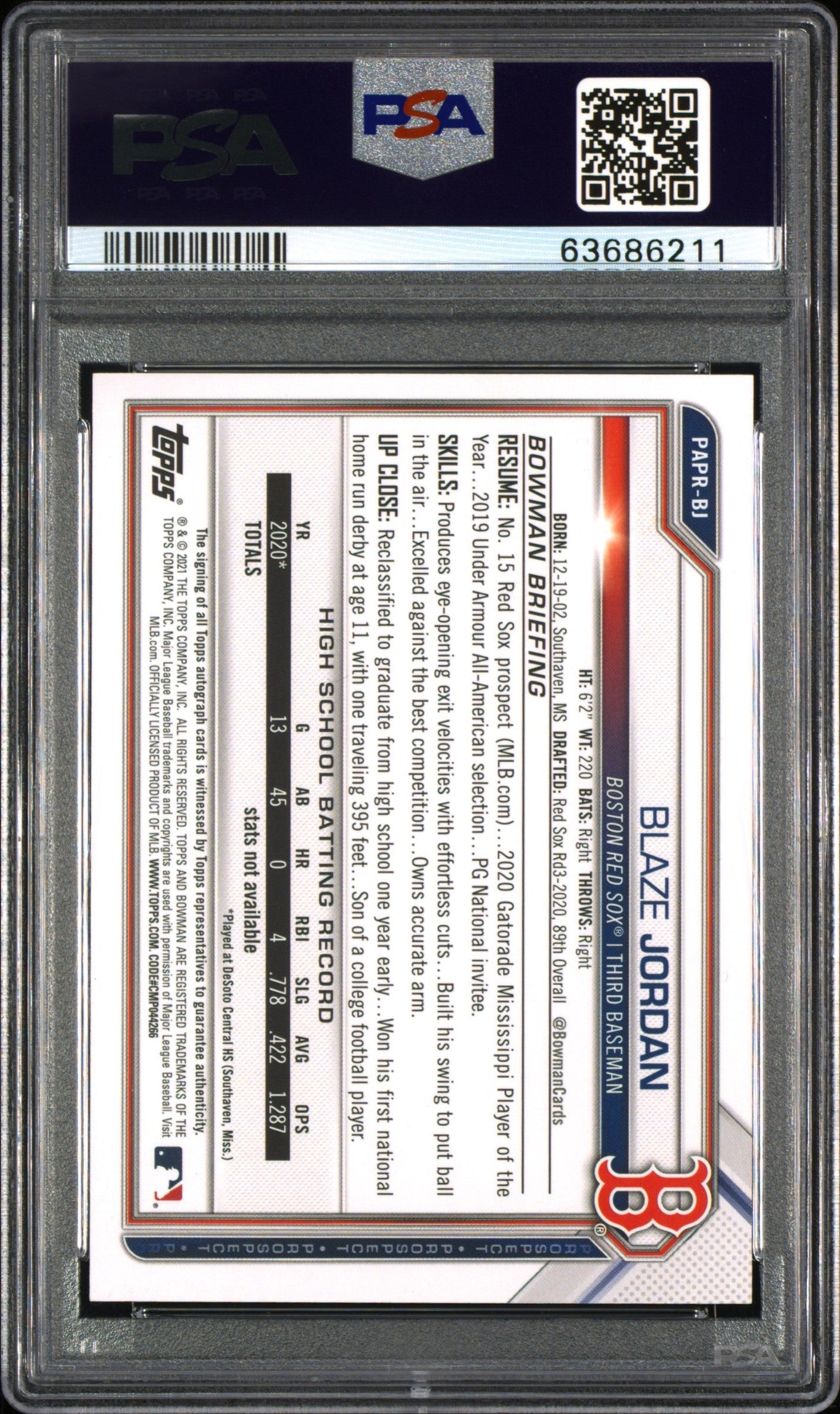 2021 Bowman Blaze Jordan Orange Paper Auto 15/25 PSA 8