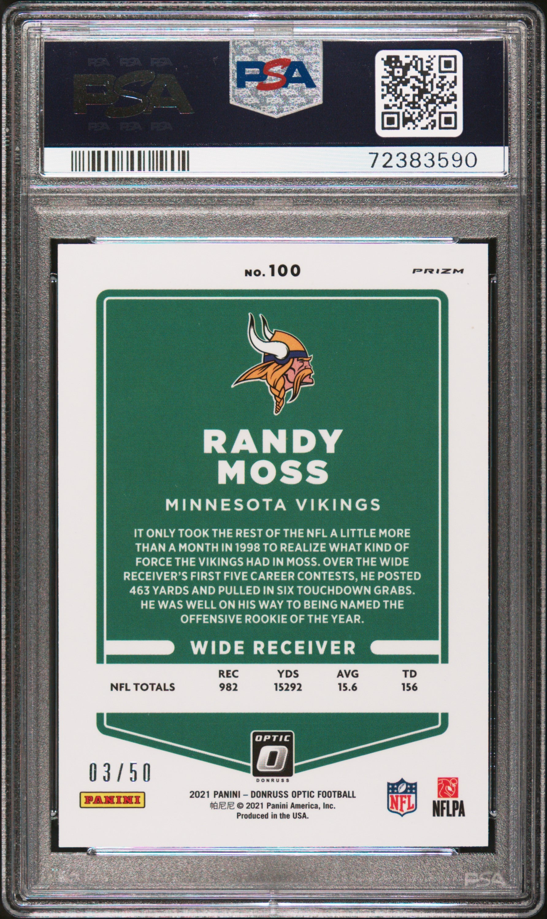2021 Donruss Optic Randy Moss Purple 03/50 PSA 9