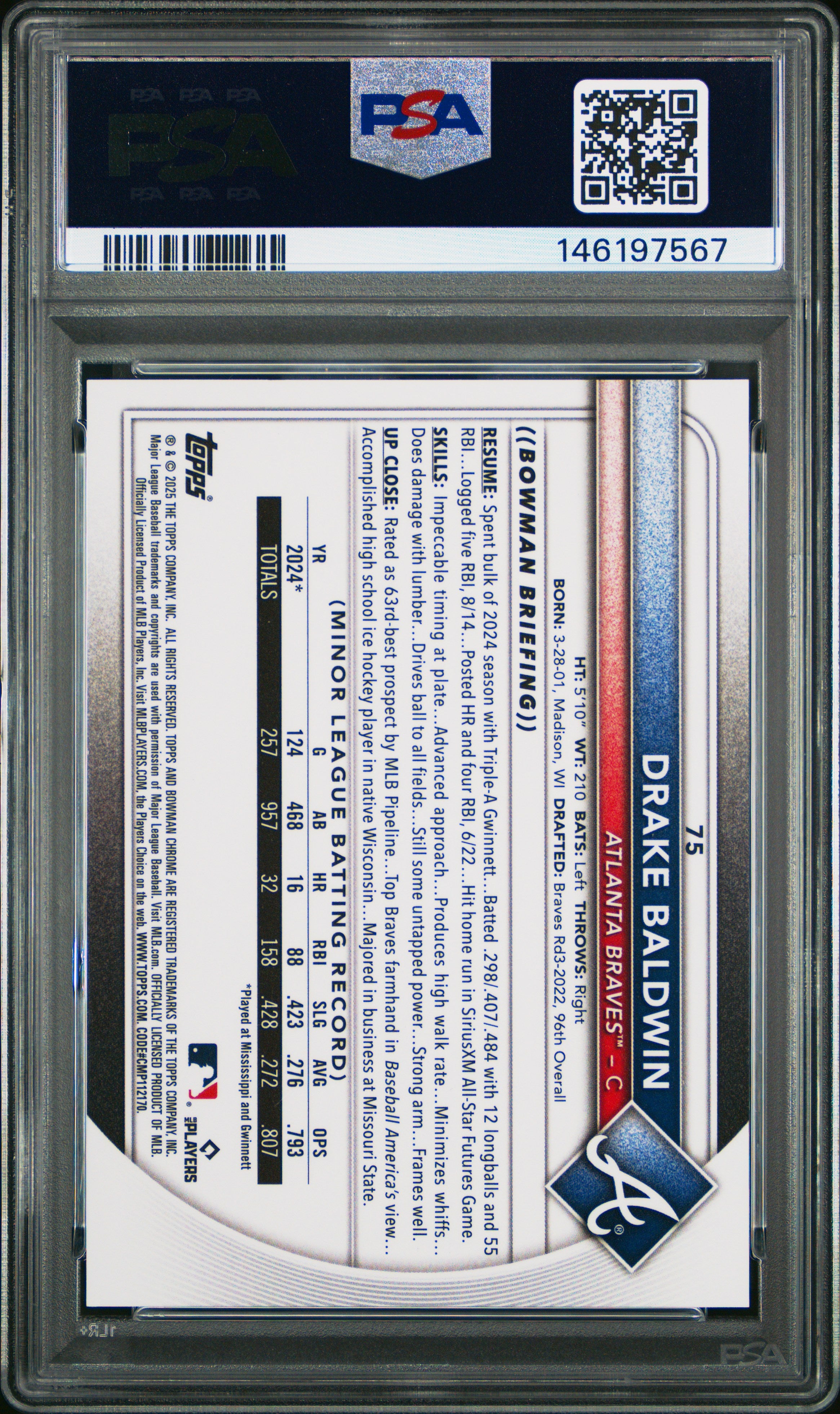 2025 Bowman Chrome Drake Baldwin Rookie Etched In Glass PSA 10 RC
