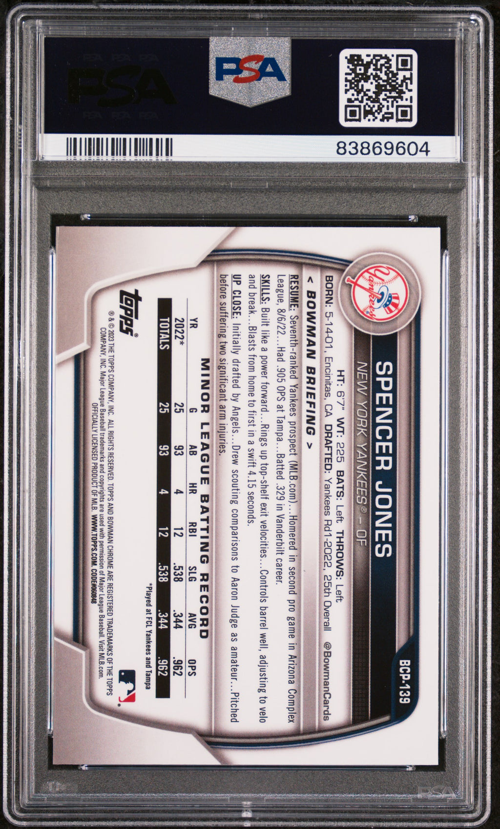 2023 Bowman Sapphire Spencer Jones Chrome Prospect PSA 10