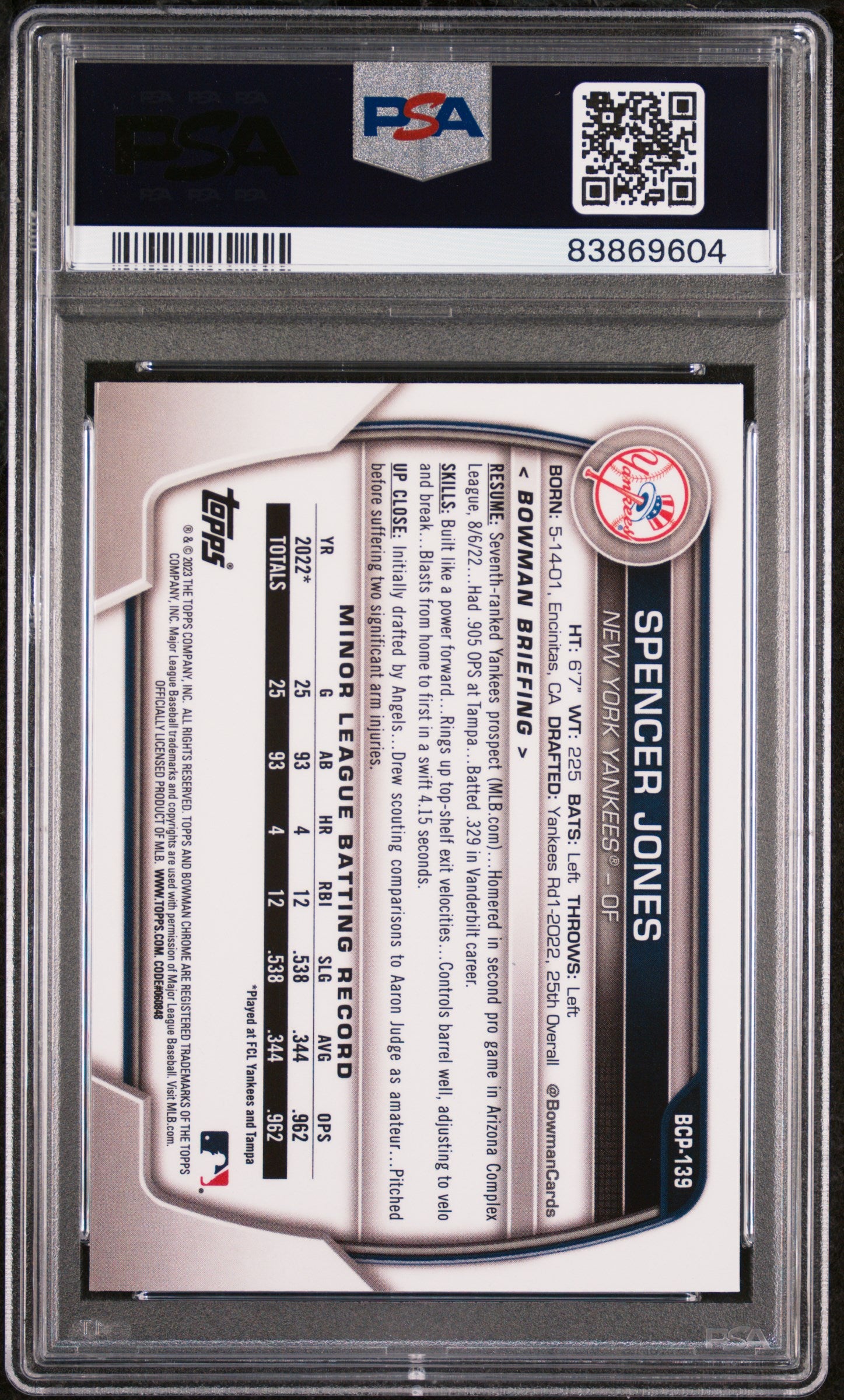 2023 Bowman Sapphire Spencer Jones Chrome Prospect PSA 10