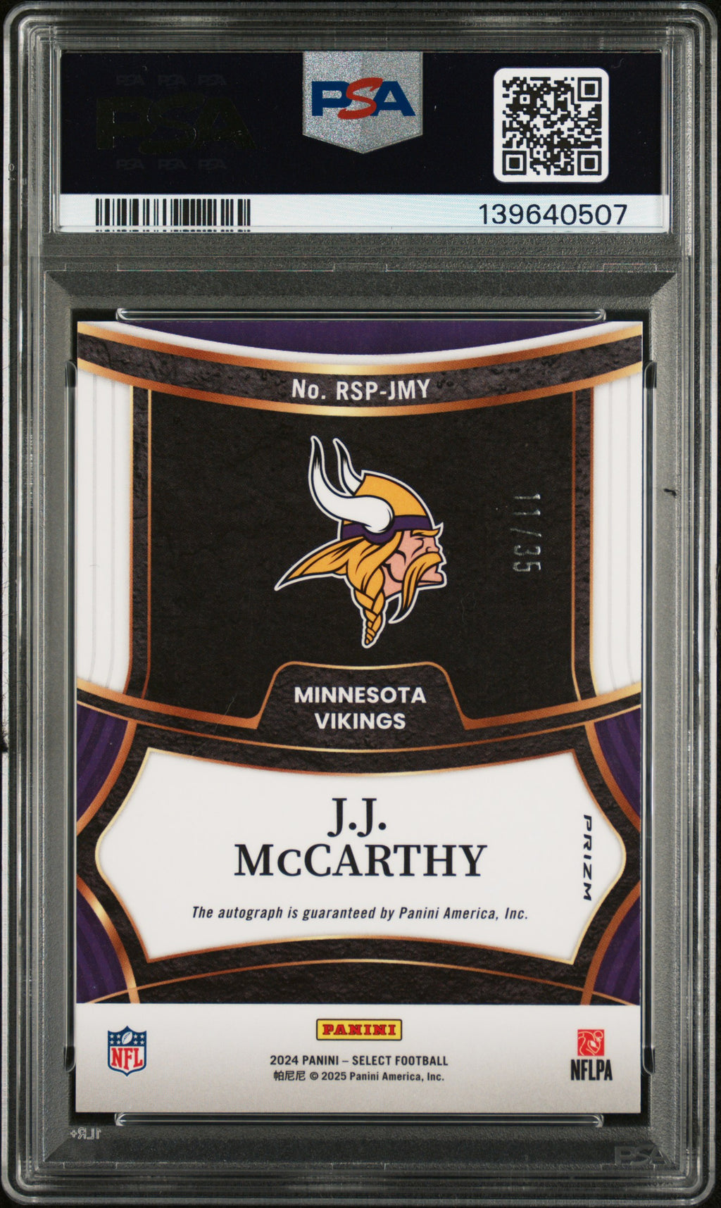 2024 Panini Select Rookie Signatures JJ Mccarthy #RSPJMY RKE White Prizm PSA 9 Auto A