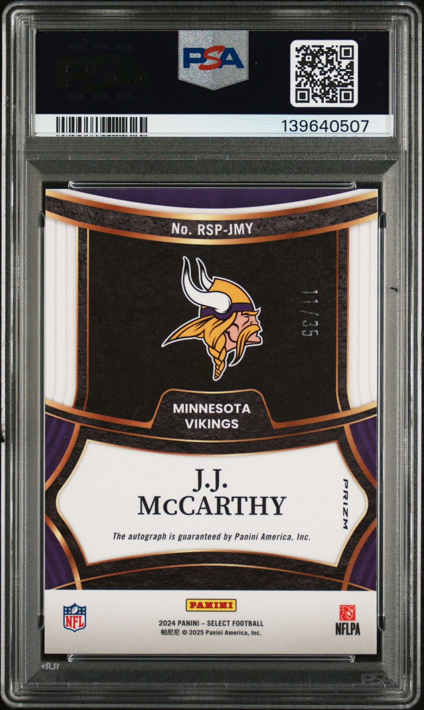 2024 Panini Select Rookie Signatures JJ Mccarthy #RSPJMY RKE White Prizm PSA 9 Auto A