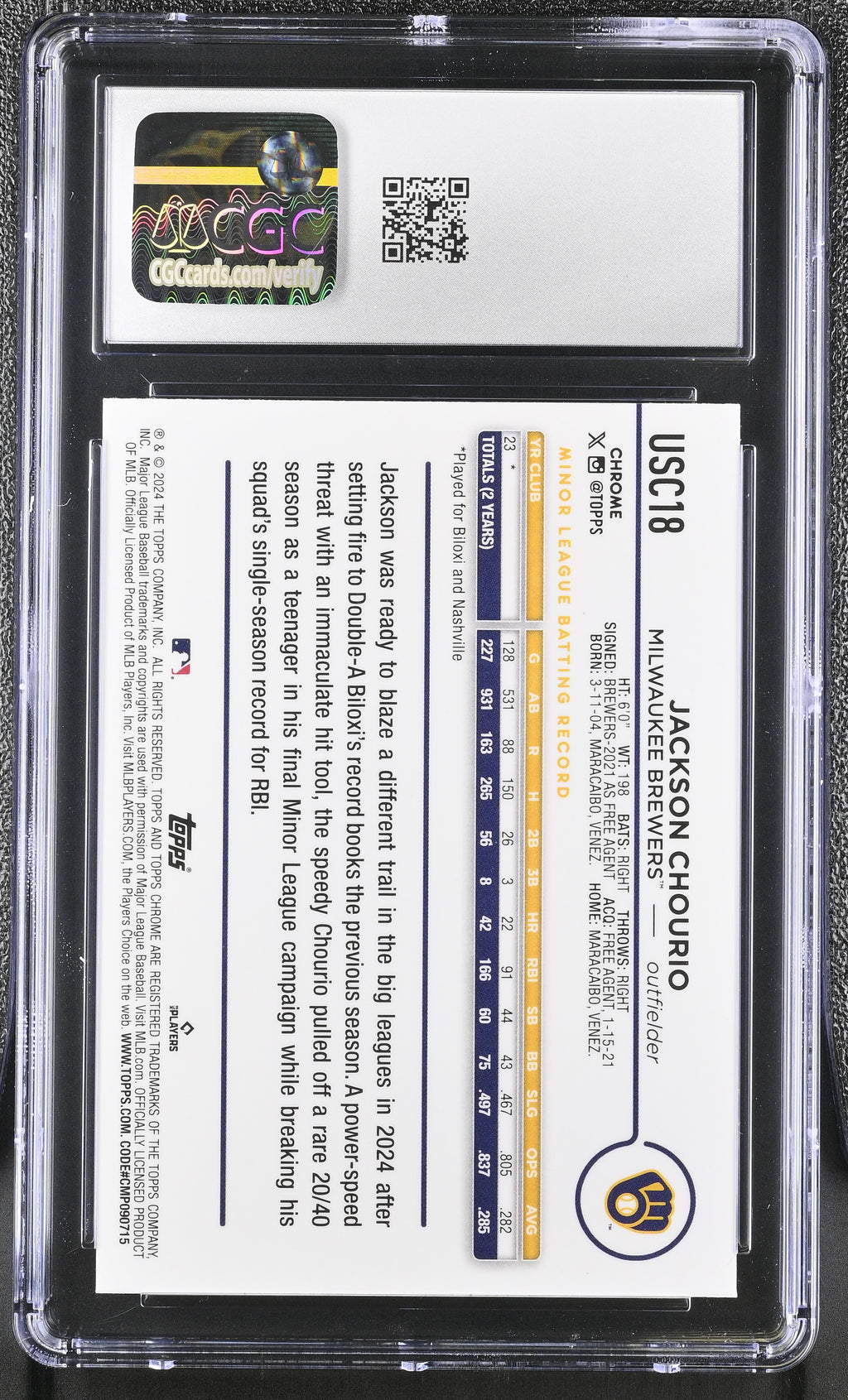 2024 Topps Chrome Update Jackson Chourio Rookie X-Fractor CGC 10 RC
