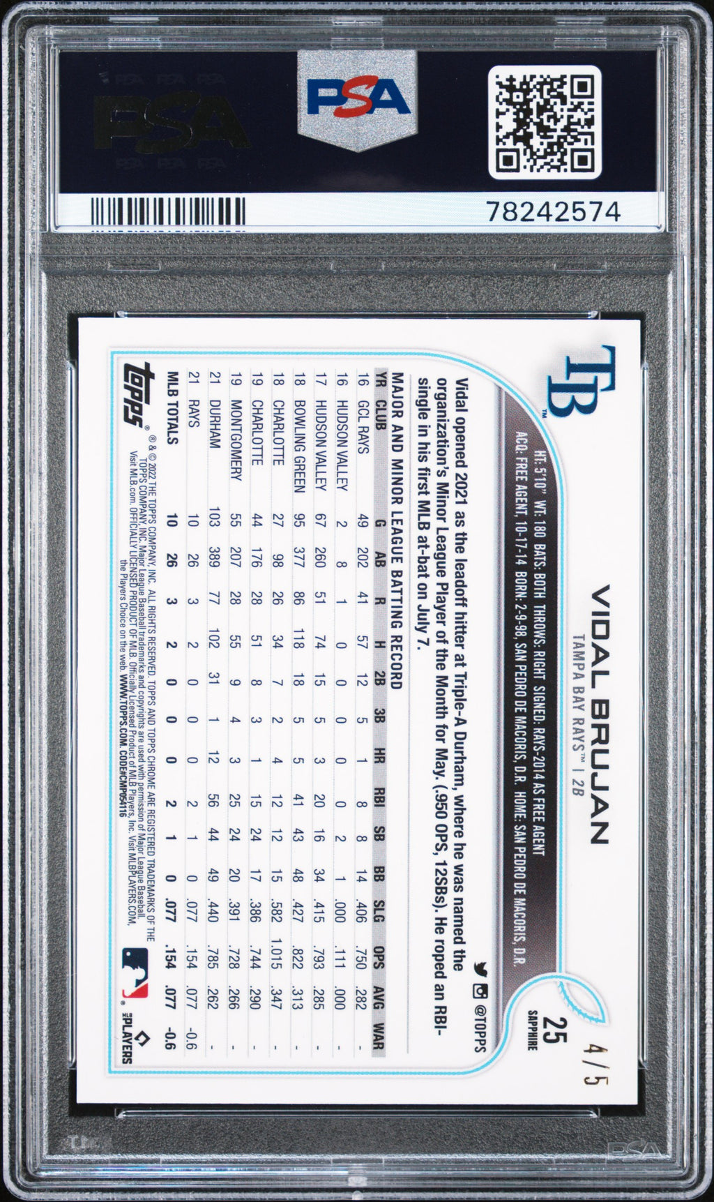 2022 Topps Chrome Sapphire Vidal Brujan Rookie Red 4/5 PSA 9 RC