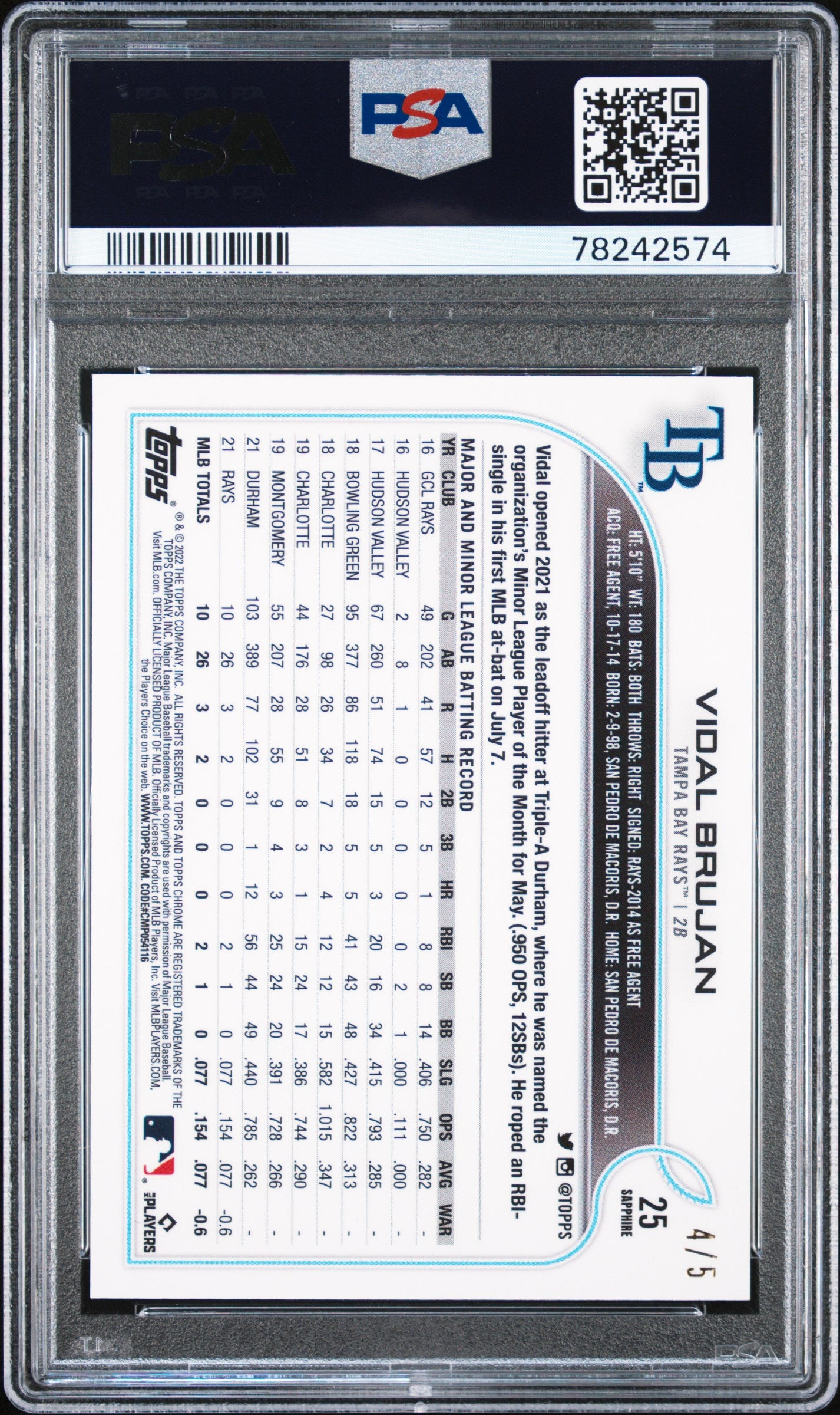 2022 Topps Chrome Sapphire Vidal Brujan Rookie Red 4/5 PSA 9 RC