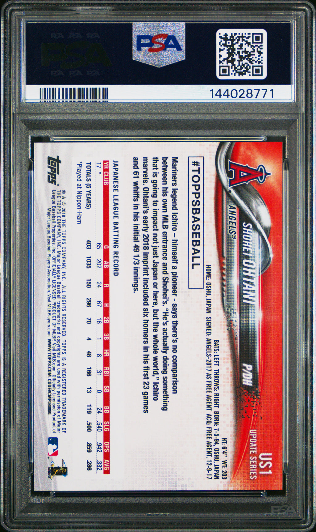 2018 Topps Update Shohei Ohtani Rookie PSA 10 RC