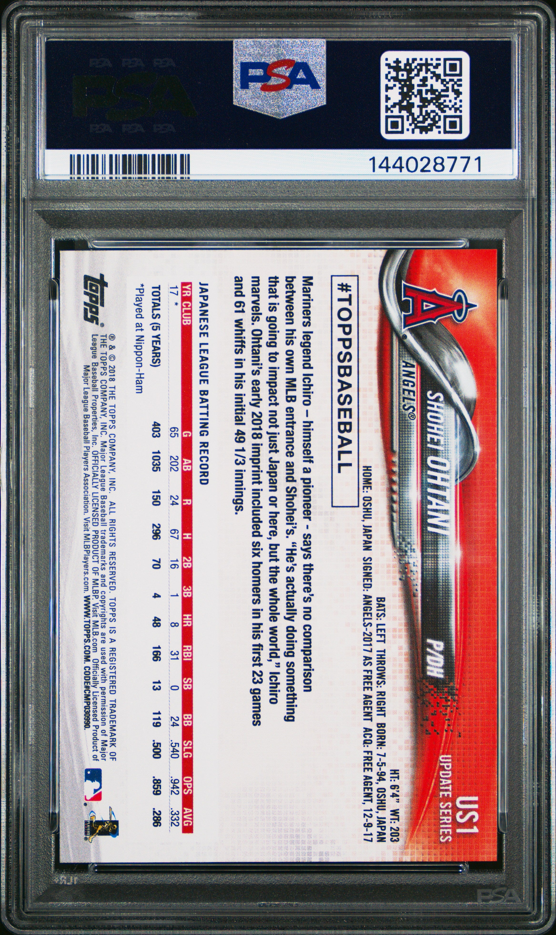 2018 Topps Update Shohei Ohtani Rookie PSA 10 RC