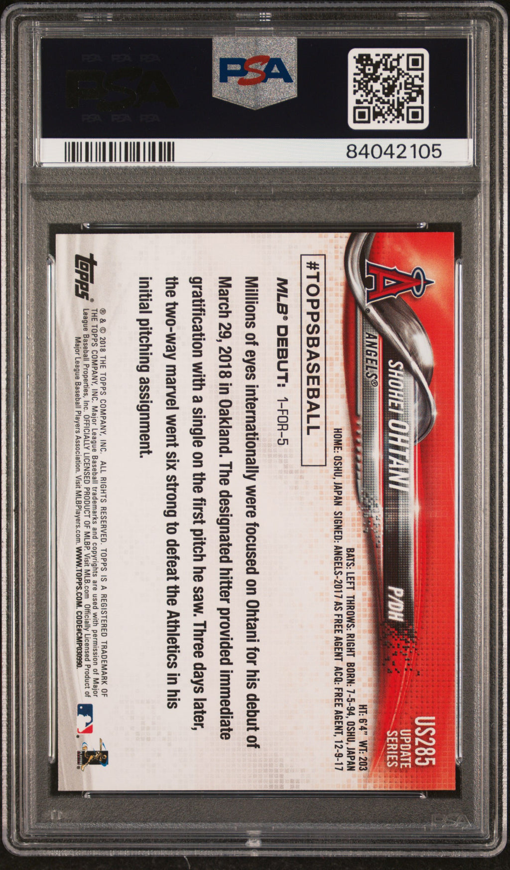 2018 Topps Update Shohei Ohtani Rookie Debut PSA 10 RC