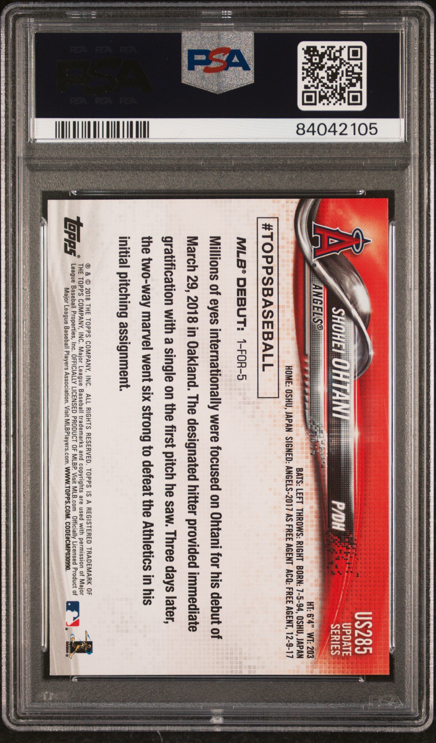 2018 Topps Update Shohei Ohtani Rookie Debut PSA 10 RC