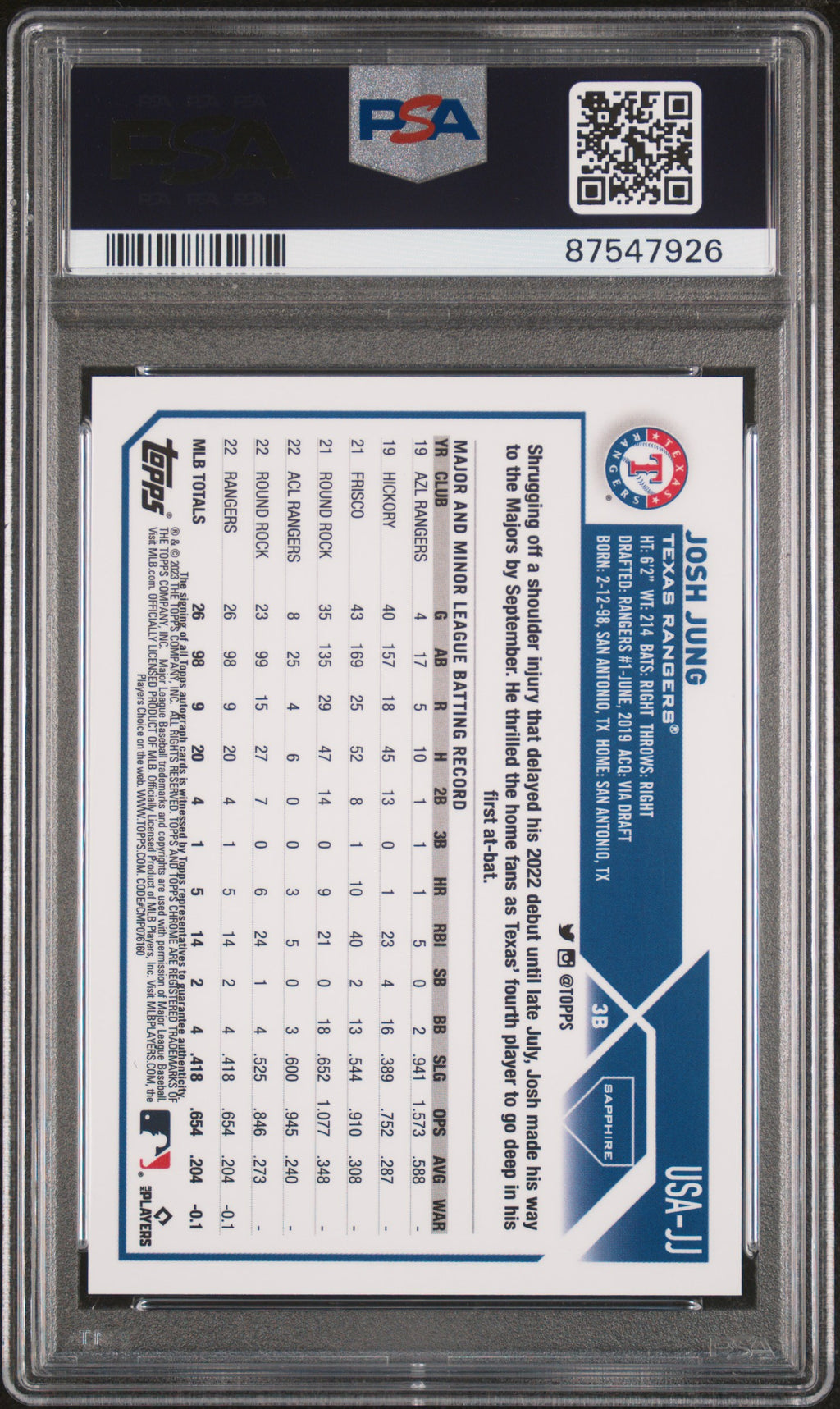 2023 Topps Chrome Update Sapphire Josh Jung Rookie Green Auto 53/99 PSA 9 RC