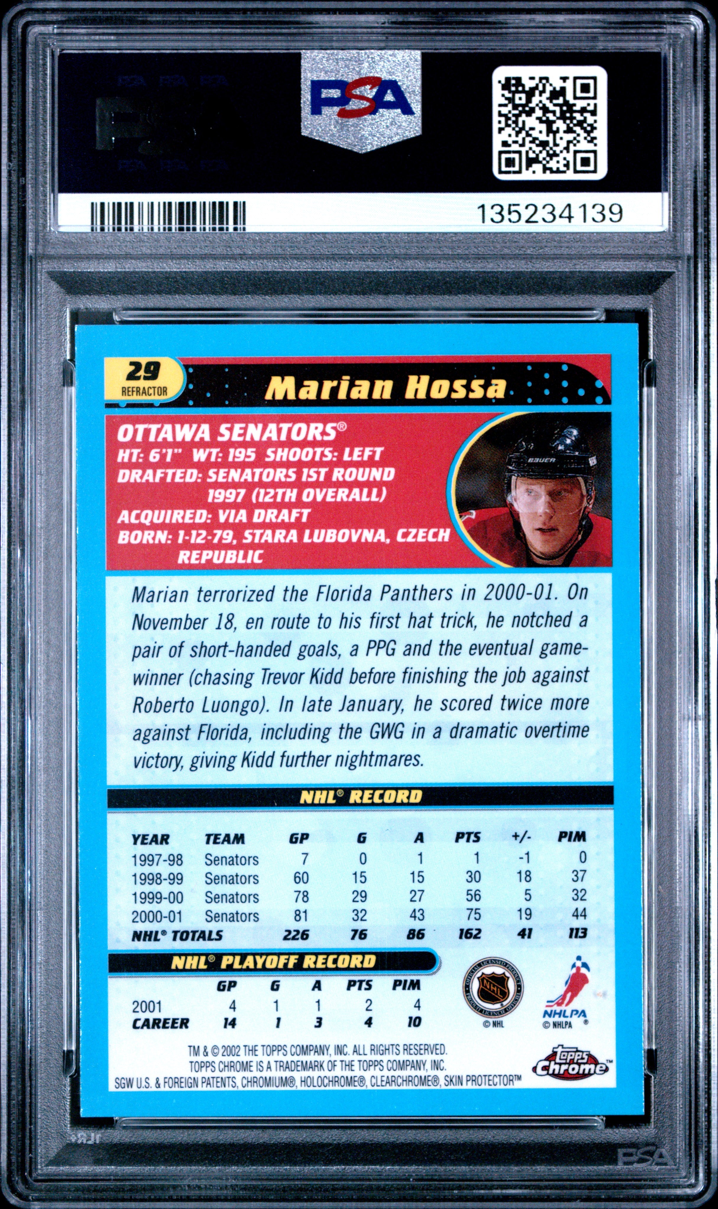 2001 Topps Chrome Marian Hossa #29 Refractor PSA 10