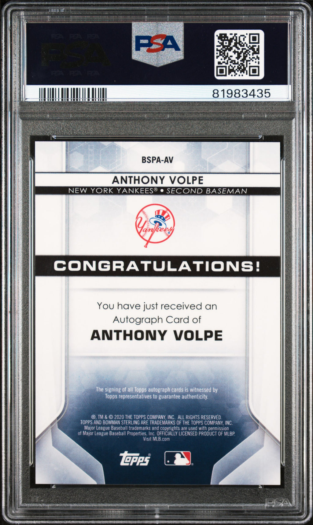 2020 Bowman Sterling Anthon Volpe Prospect Auto PSA 10