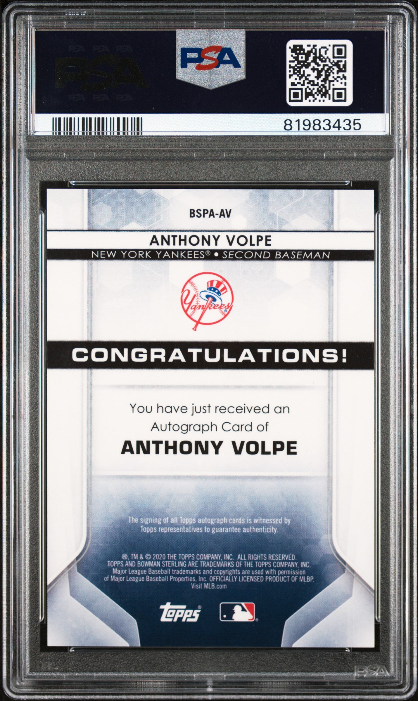 2020 Bowman Sterling Anthon Volpe Prospect Auto PSA 10