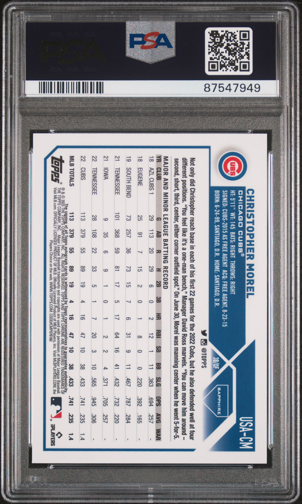 2023 Topps Chrome Update Sapphire Christopher Morel Auto 52/99 PSA 8 RC