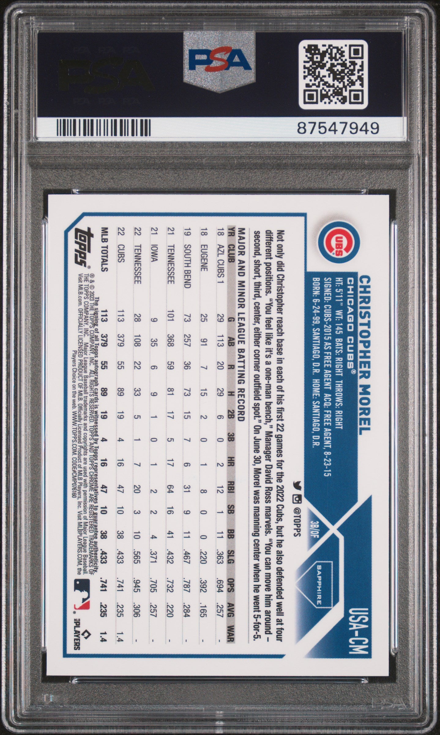 2023 Topps Chrome Update Sapphire Christopher Morel Auto 52/99 PSA 8 RC