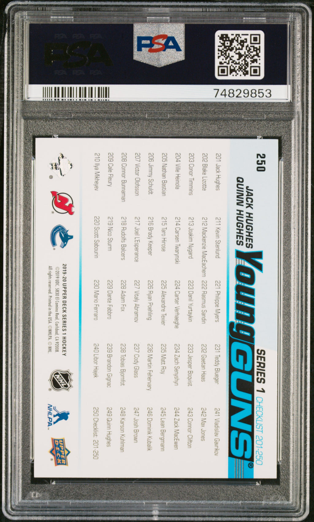 2019 Upper Deck Jack Hughes / Quinn Hughes Dual Young Guns PSA 10