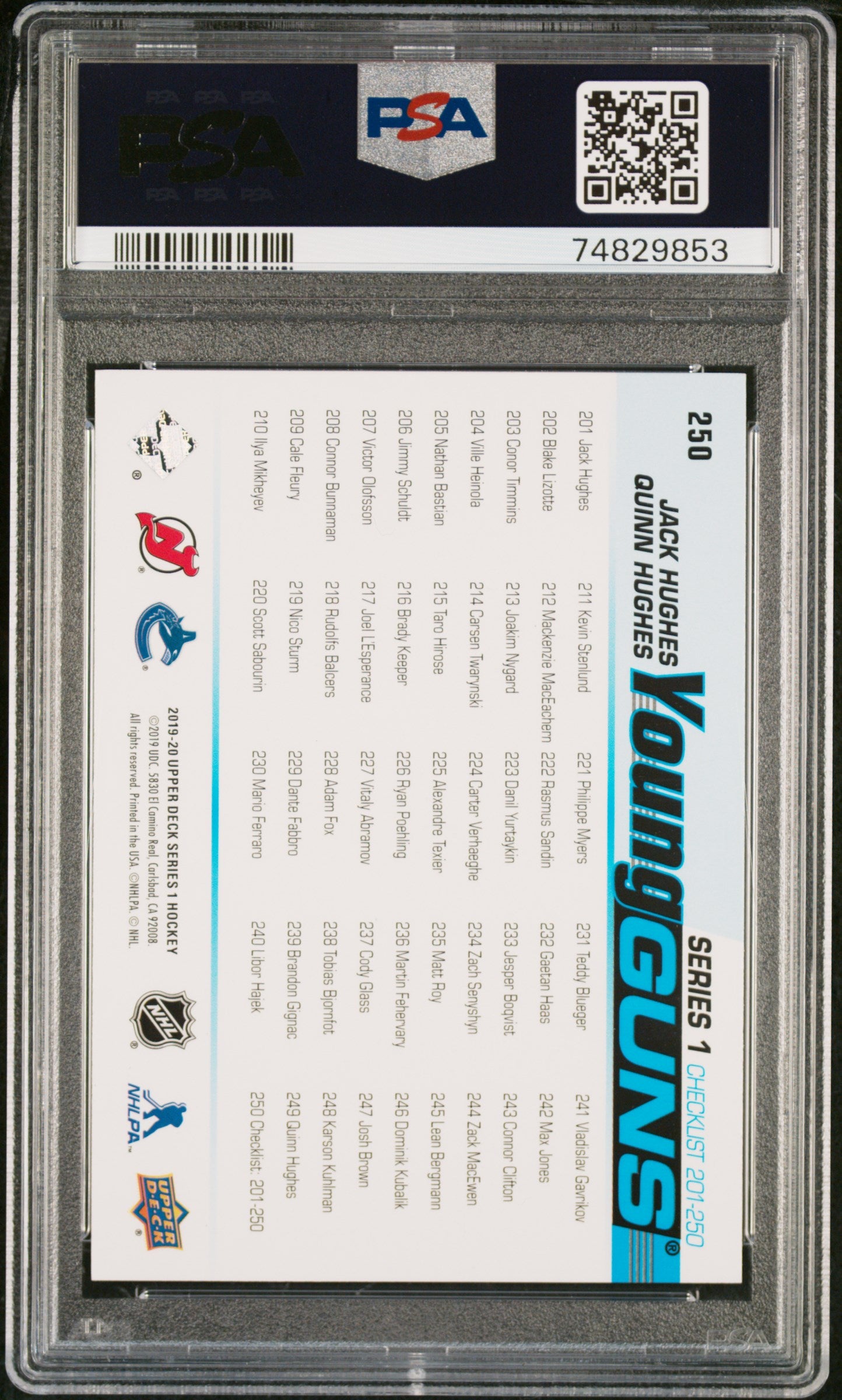 2019 Upper Deck Jack Hughes / Quinn Hughes Dual Young Guns PSA 10