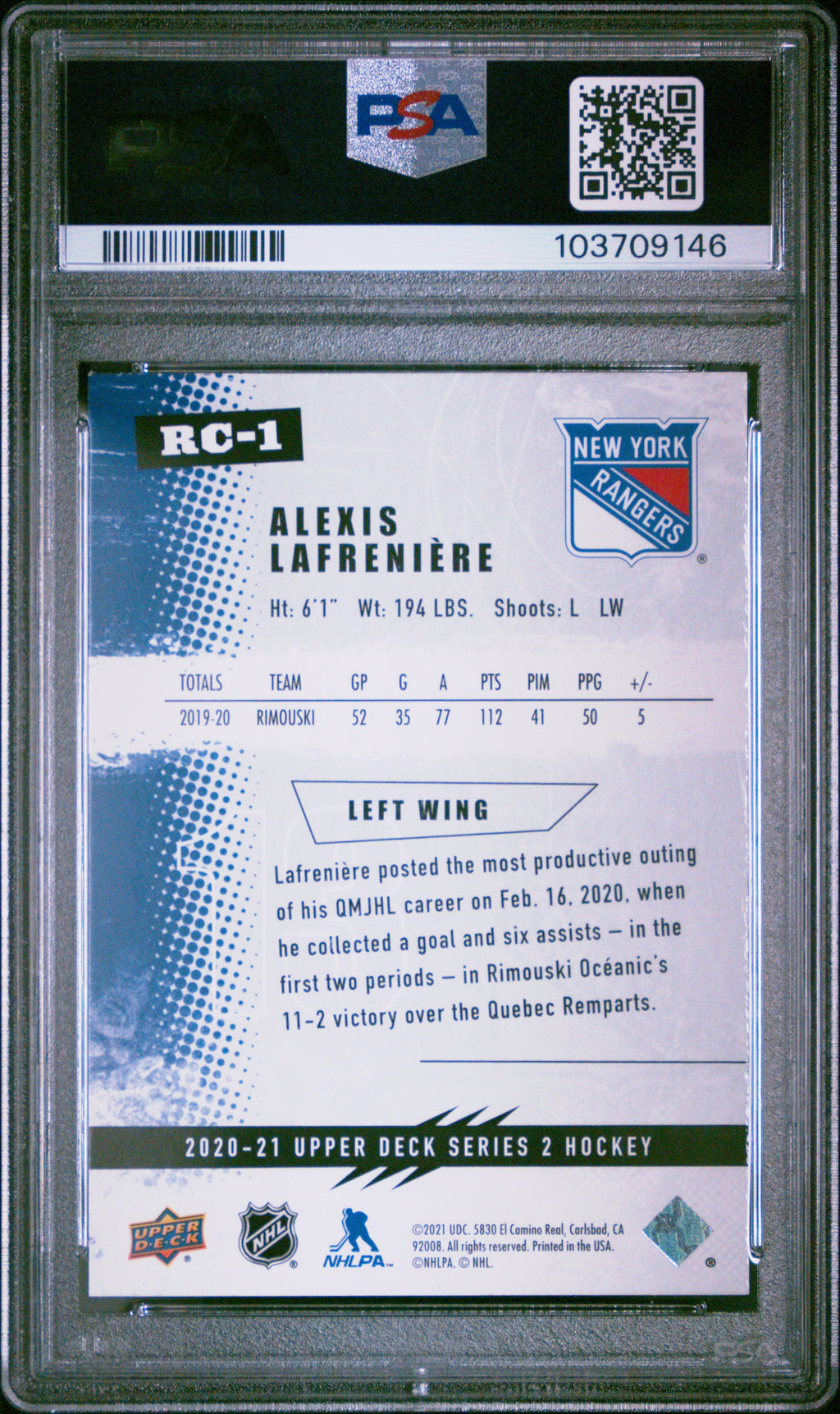 2020 Upper Deck Alexis Lafreniere Rookie Commemorative Class PSA 9
