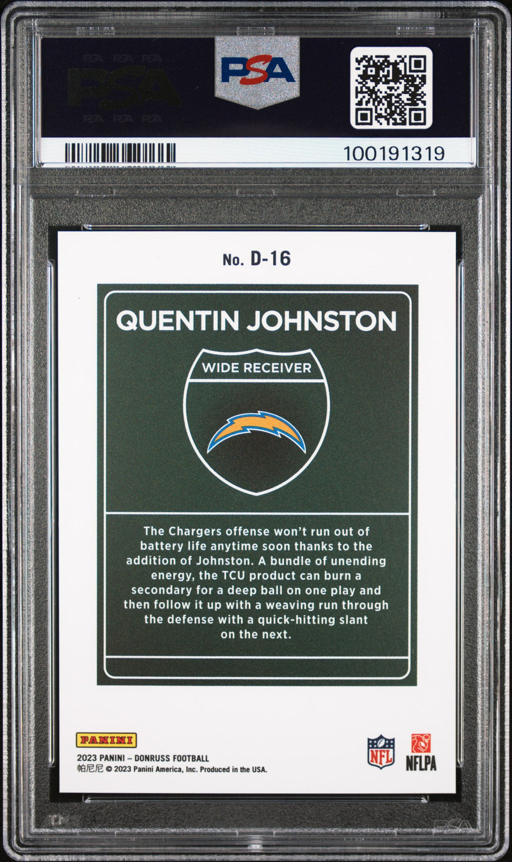 2023 Donruss Quentin Johnston Rookie Downtown PSA 10 RC