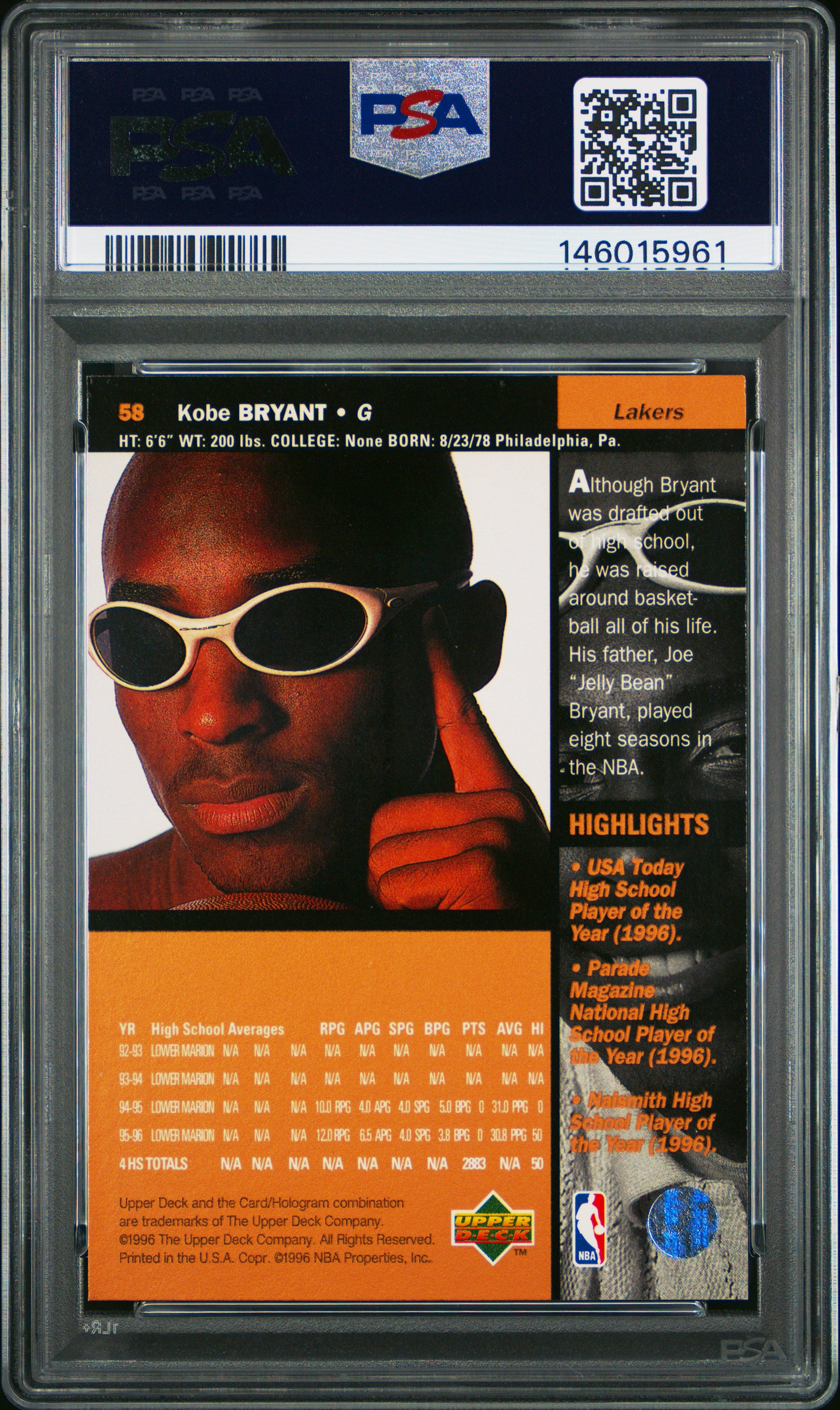 1996 Upper Deck Kobe Bryant PSA 7 RC