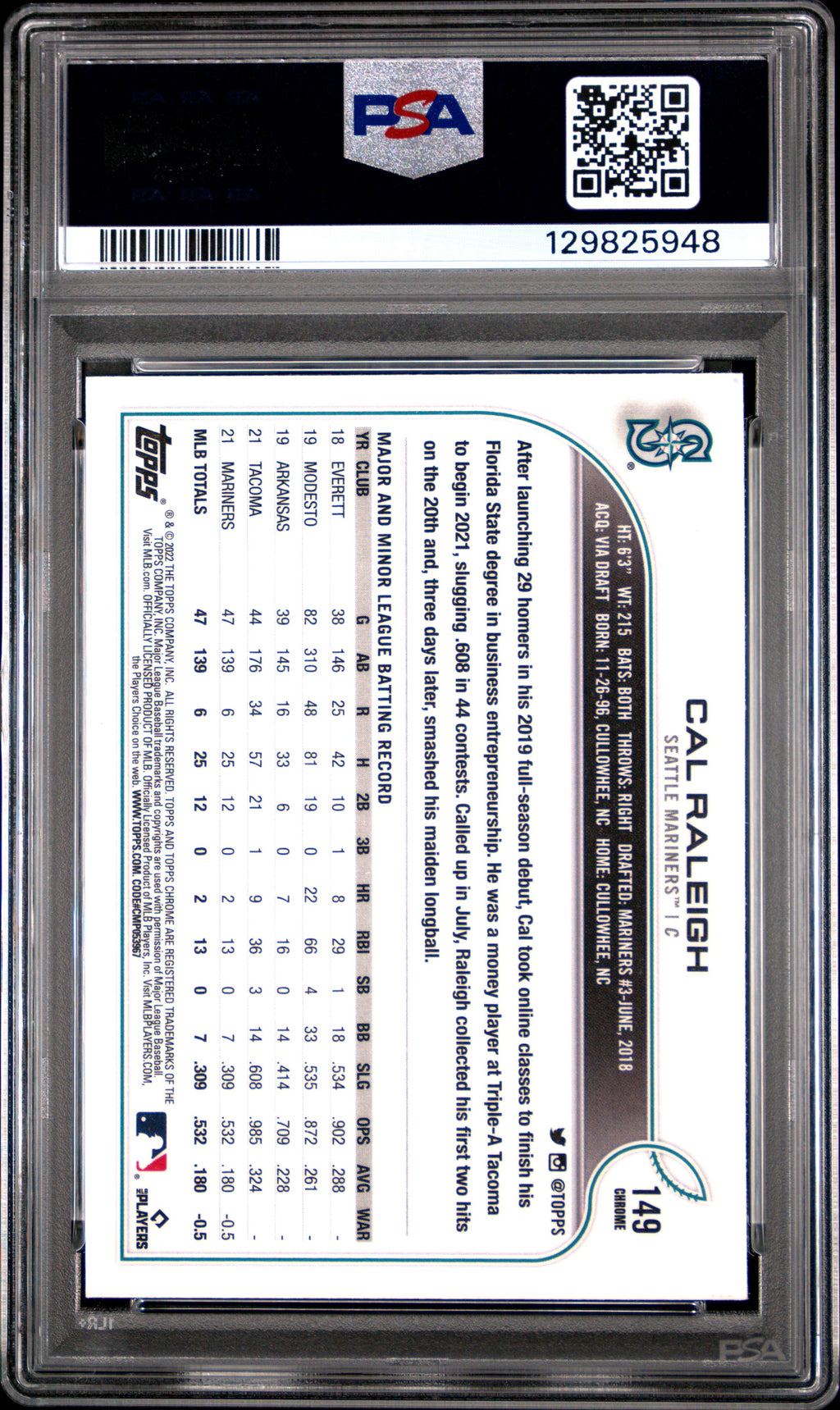 2022 Topps Chrome Cal Raleigh PSA 10