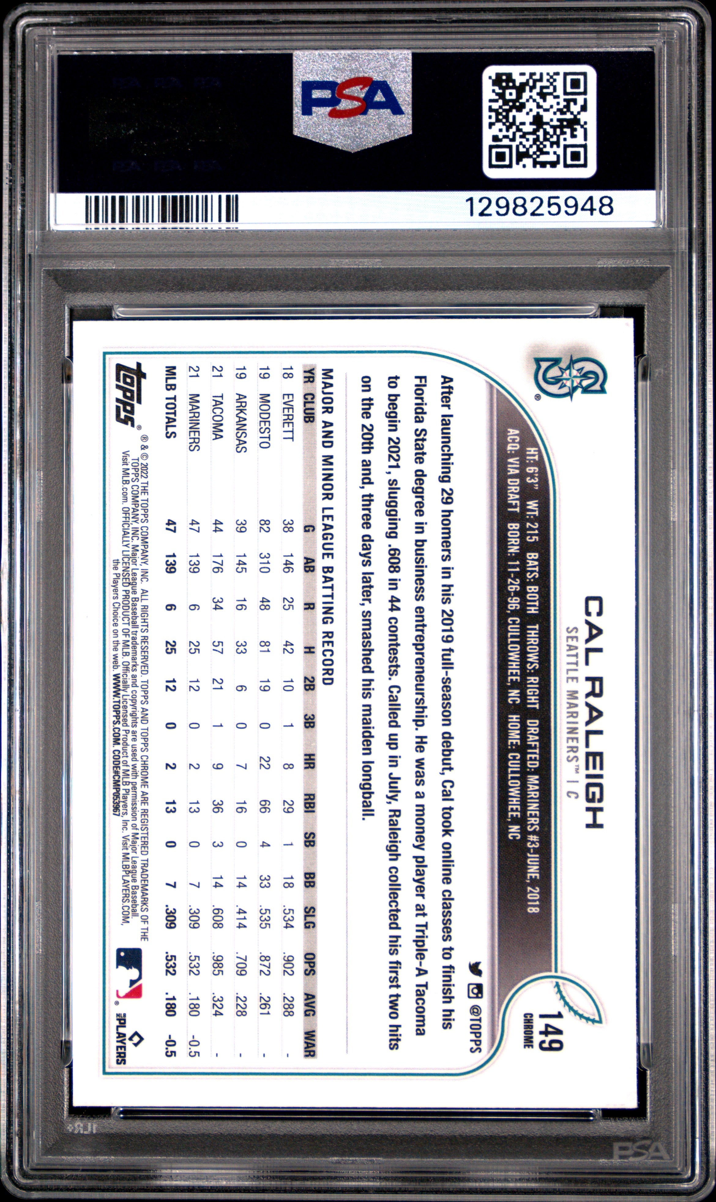 2022 Topps Chrome Cal Raleigh PSA 10
