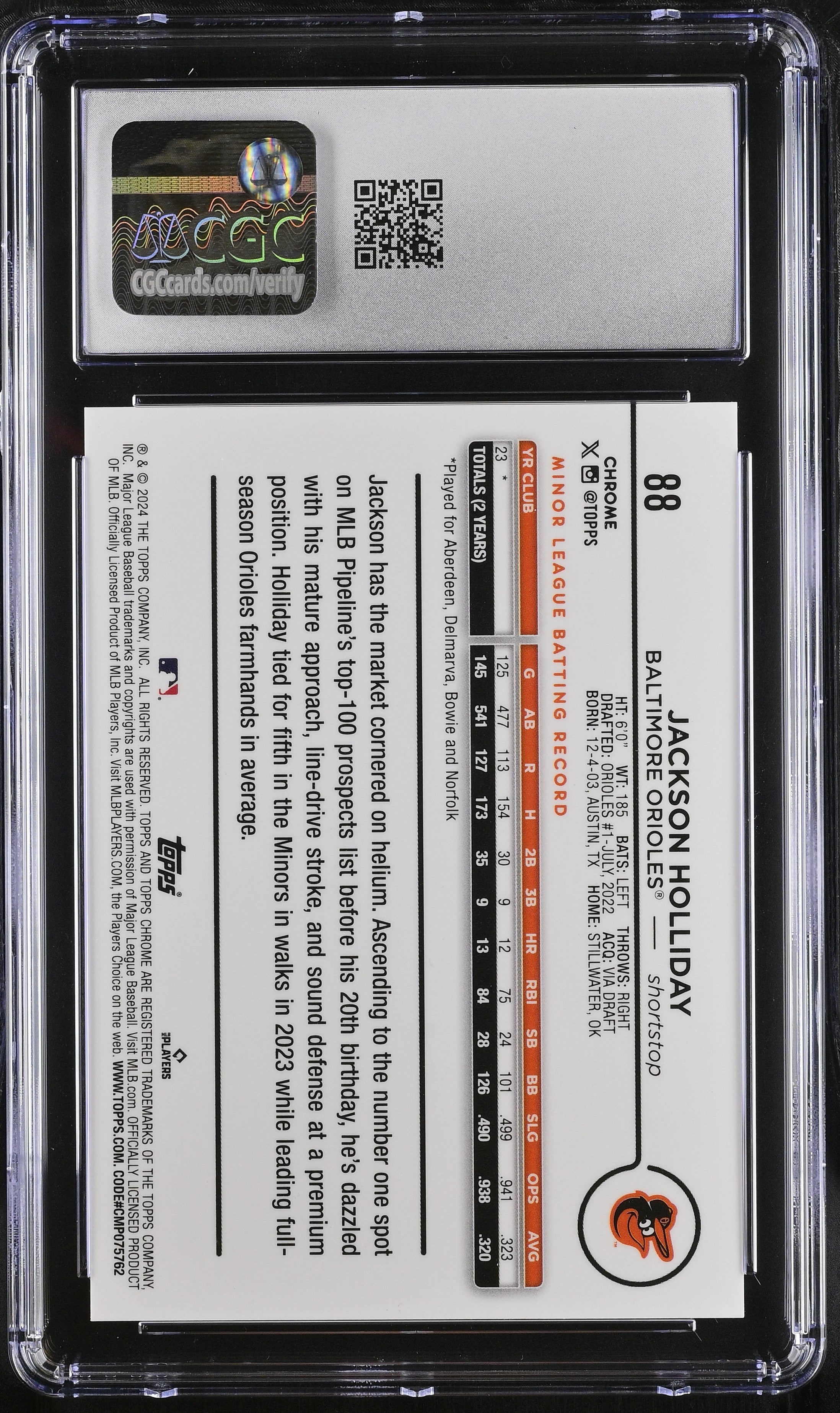 2024 Topps Chrome Jackson Holliday Rookie Variation Bat In Hand SSP CGC 9 RC