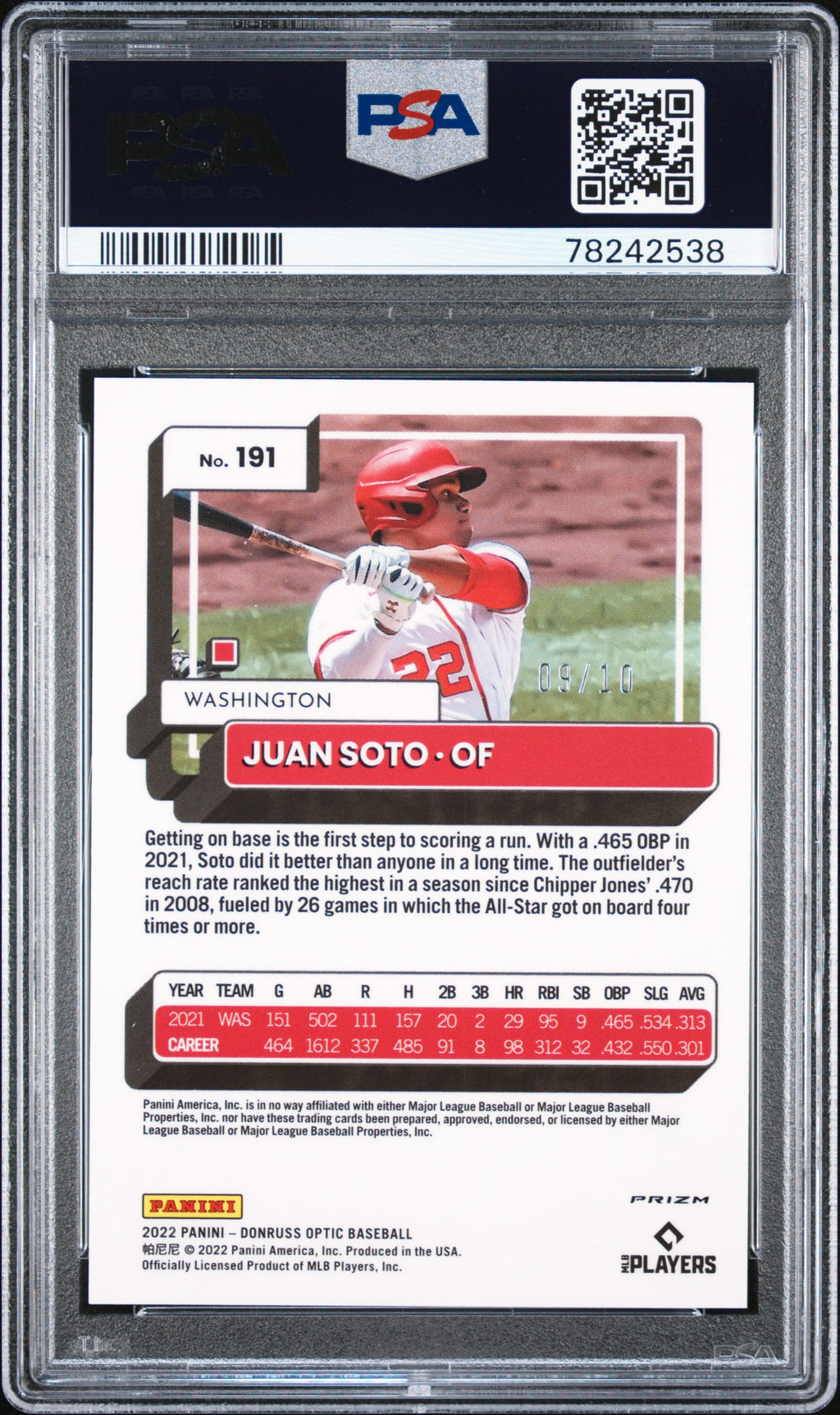 2022 Donruss Optic Juan Soto Gold Prizm 9/10 PSA 9