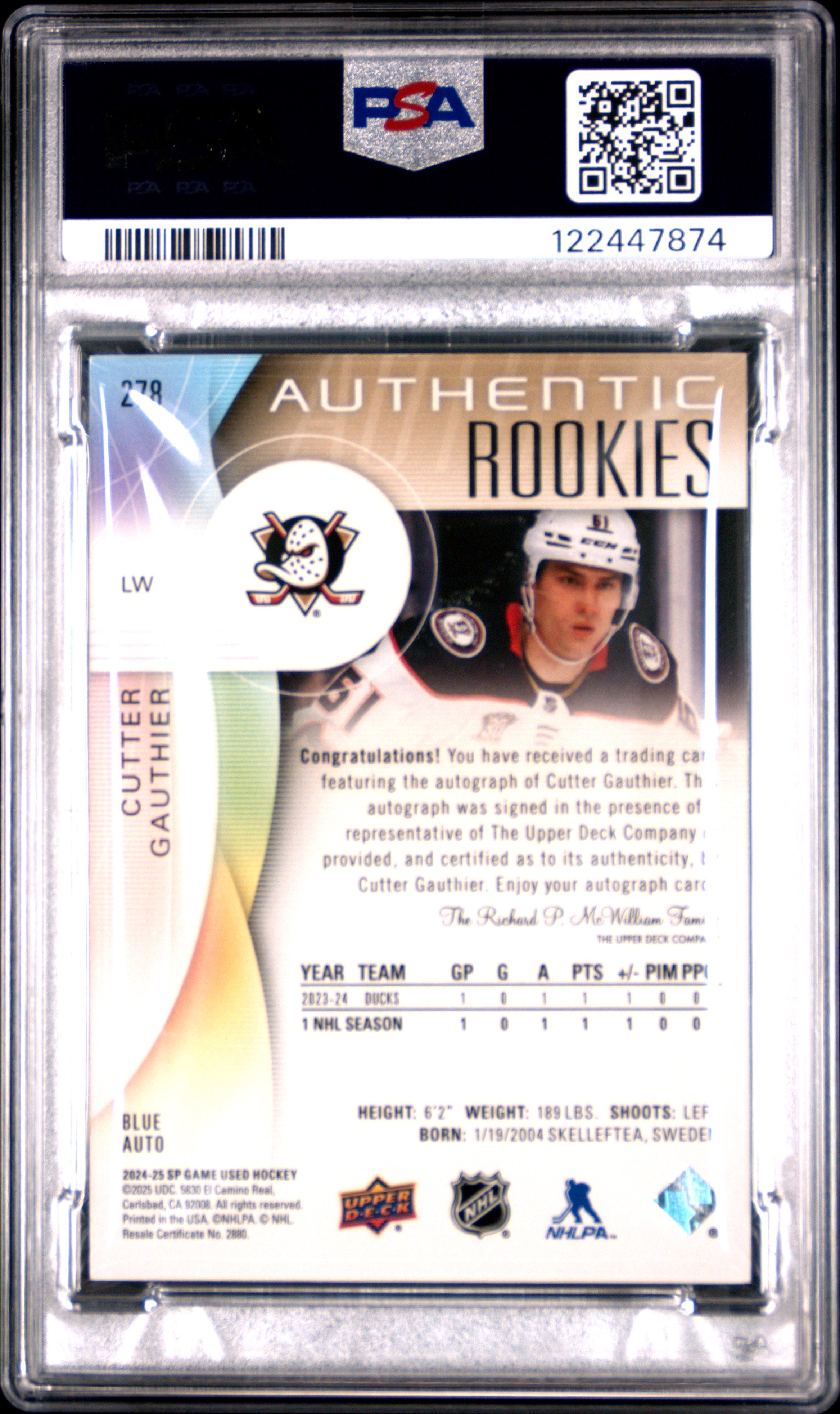 2024 Upper Deck SP Game Used Cutter Gauthier #278 Autograph PSA 10