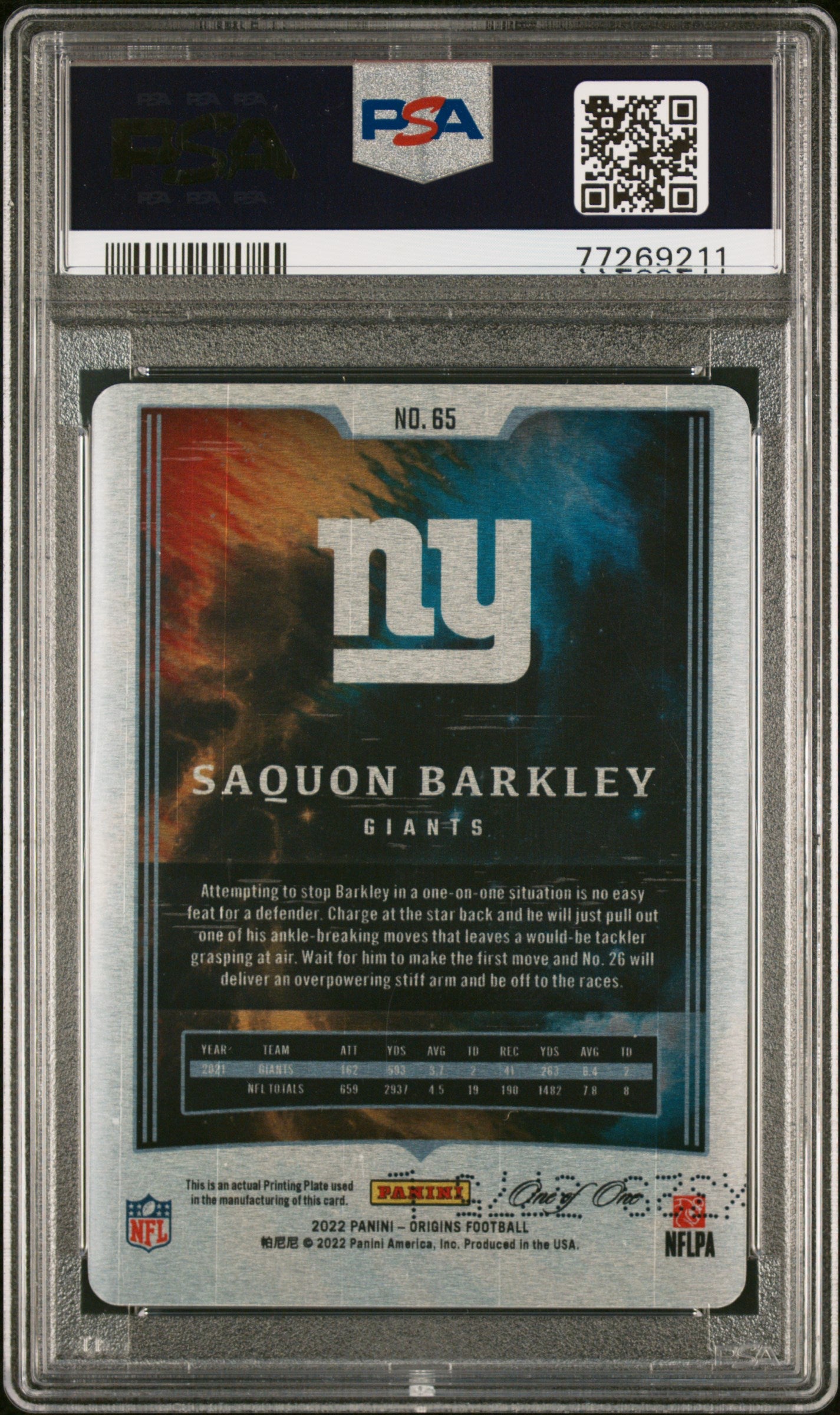 2022 Panini Origins Saquon Barkley #65 Yellow Printing Plate /1 PSA 9