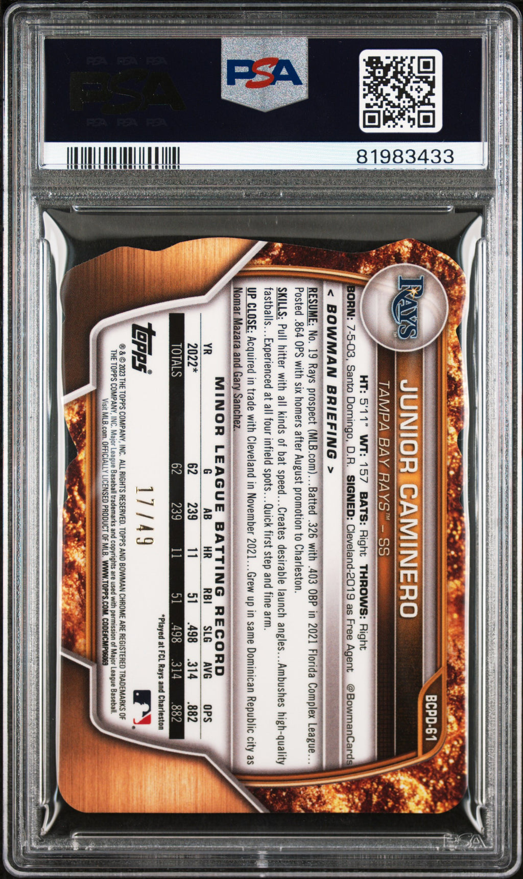 2023 Bowman Junior Caminero Chrome Special Die Cut 17/49 PSA 8
