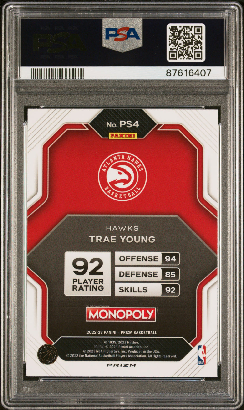 2022 Panini Prizm Monopoly Prizm All-Stars Trae Young #PS4 PRZ As Boardwalk Blu Tiger PSA 10